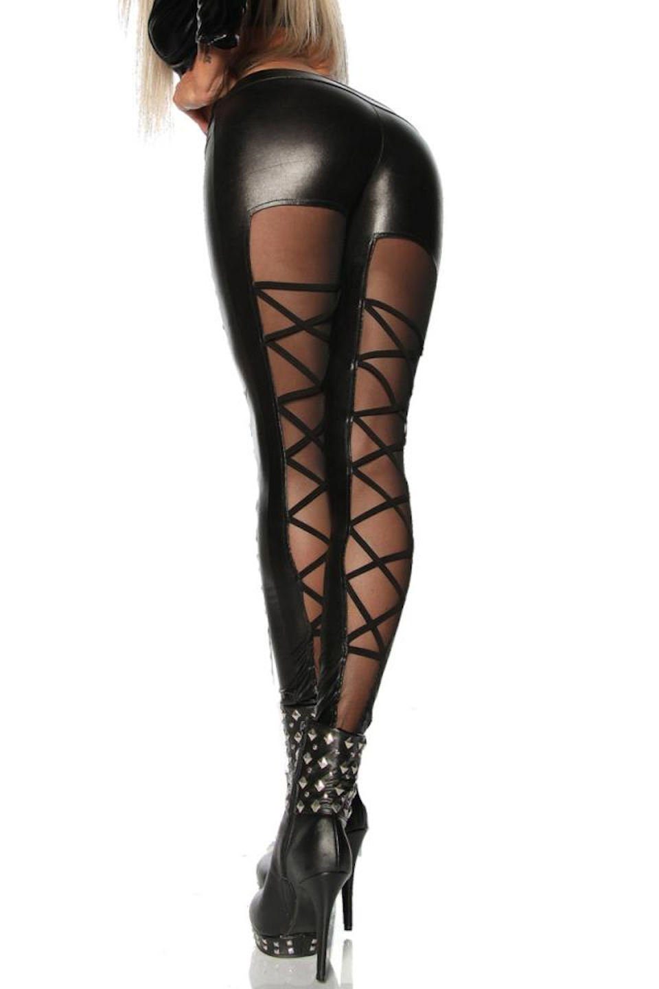 Damen Hosen Saresia Leggings Wetlook-Leggings Gogo Hose mit Tüll und Zierbänder in schwarz, Made in EU