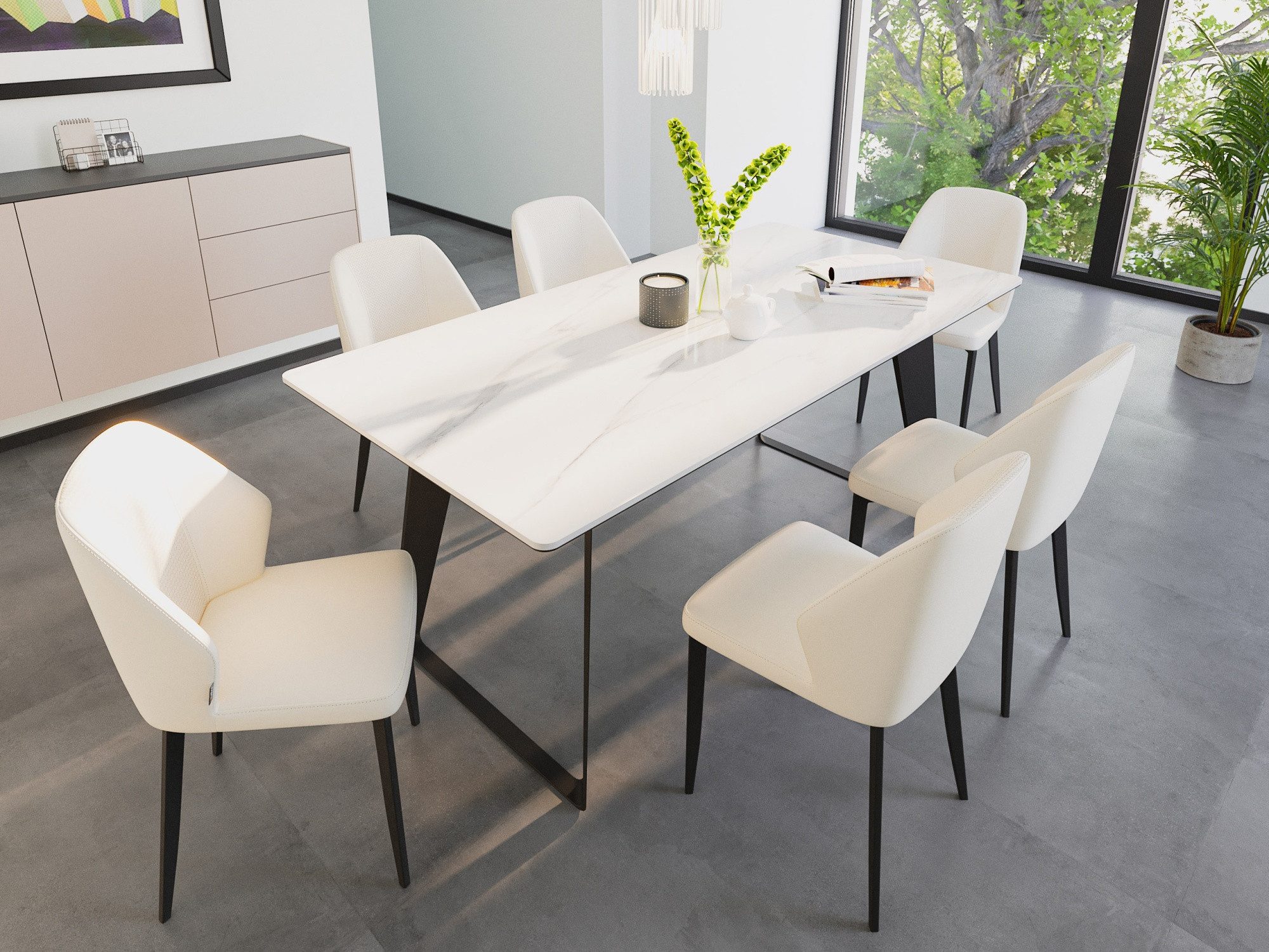 Magnolia Home Esszimmer-Set Esstisch Set FLORINT 180 weiße Keramikplatte mit 6 Стульяn Kunstleder