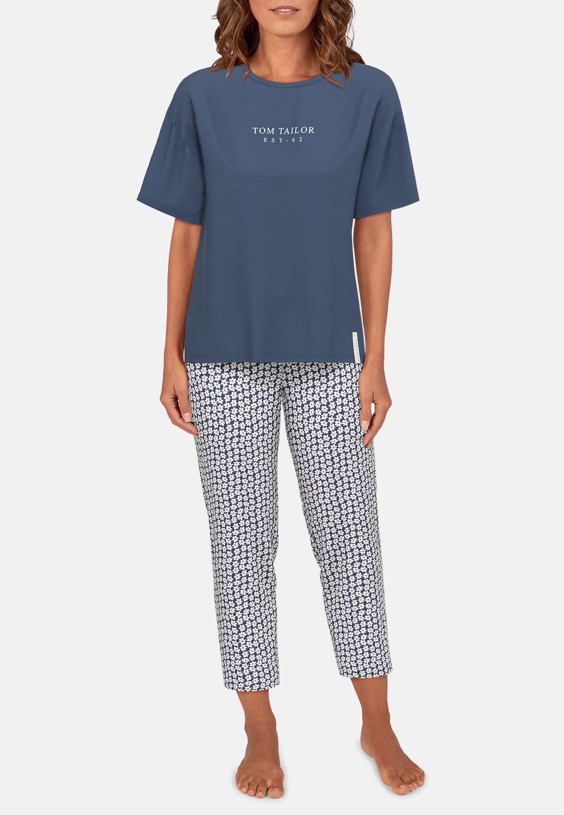 TOM TAILOR Capri-Pyjama Westport (2 tlg) mit Print, Kurzarm, Rundhalsausschnitt, lange Hose, Baumwollmix