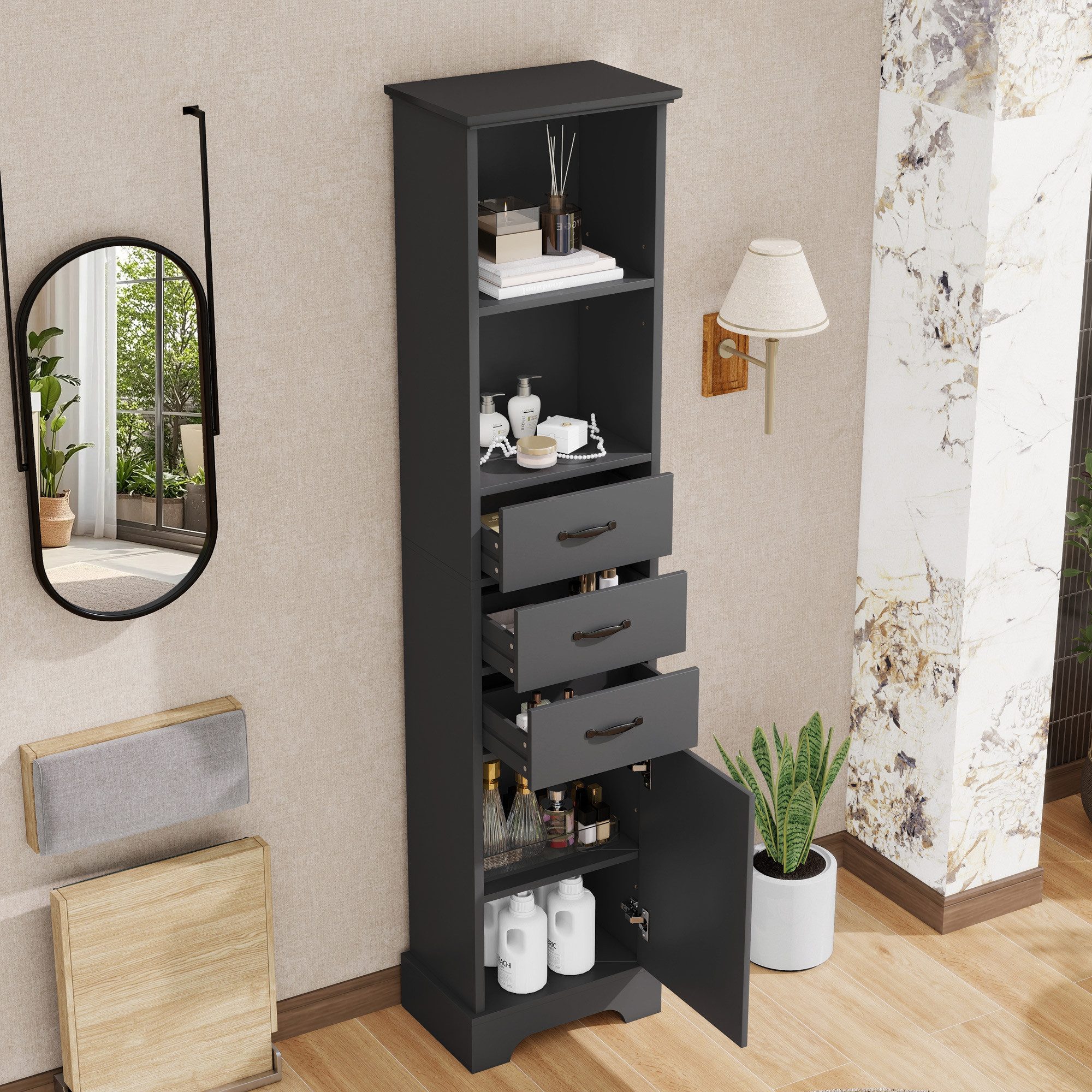 Flieks Badkommode Badezimmerschrank Hochschrank mit Feuchtigkeitsbeständigkeit (1 St., 38x26x172,5 cm), Mehrzweckschrank mit Schubladen und verstellbaren Einlegeböden Weiß