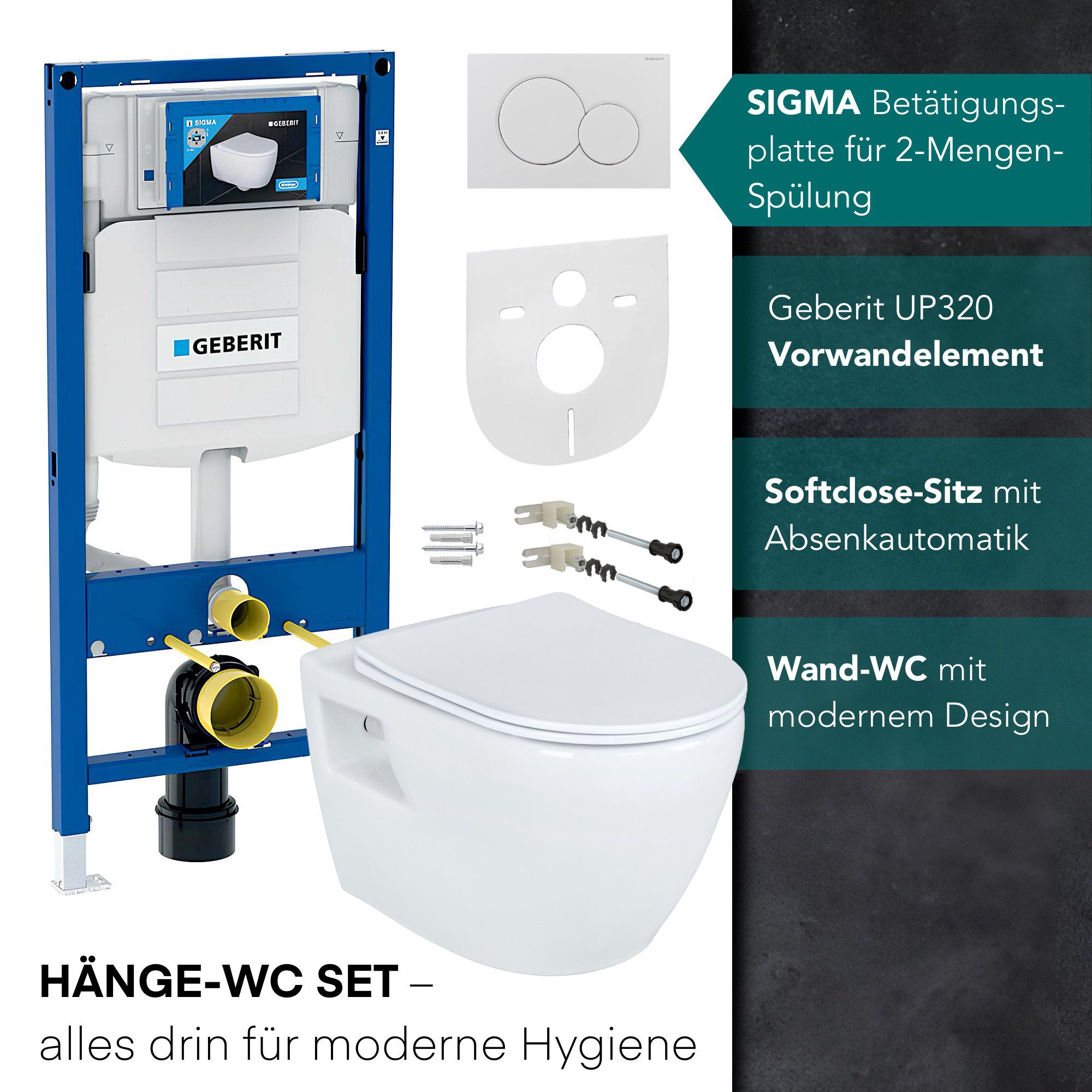 GEBERIT Tiefspül-WC mit WC, Vorwandelement, Schallschutz & Betätigungsplatte AL5509-SET, wandhängend, Spar-Set, für Installationswände oder ganze Raumhohe, mit Wandankern