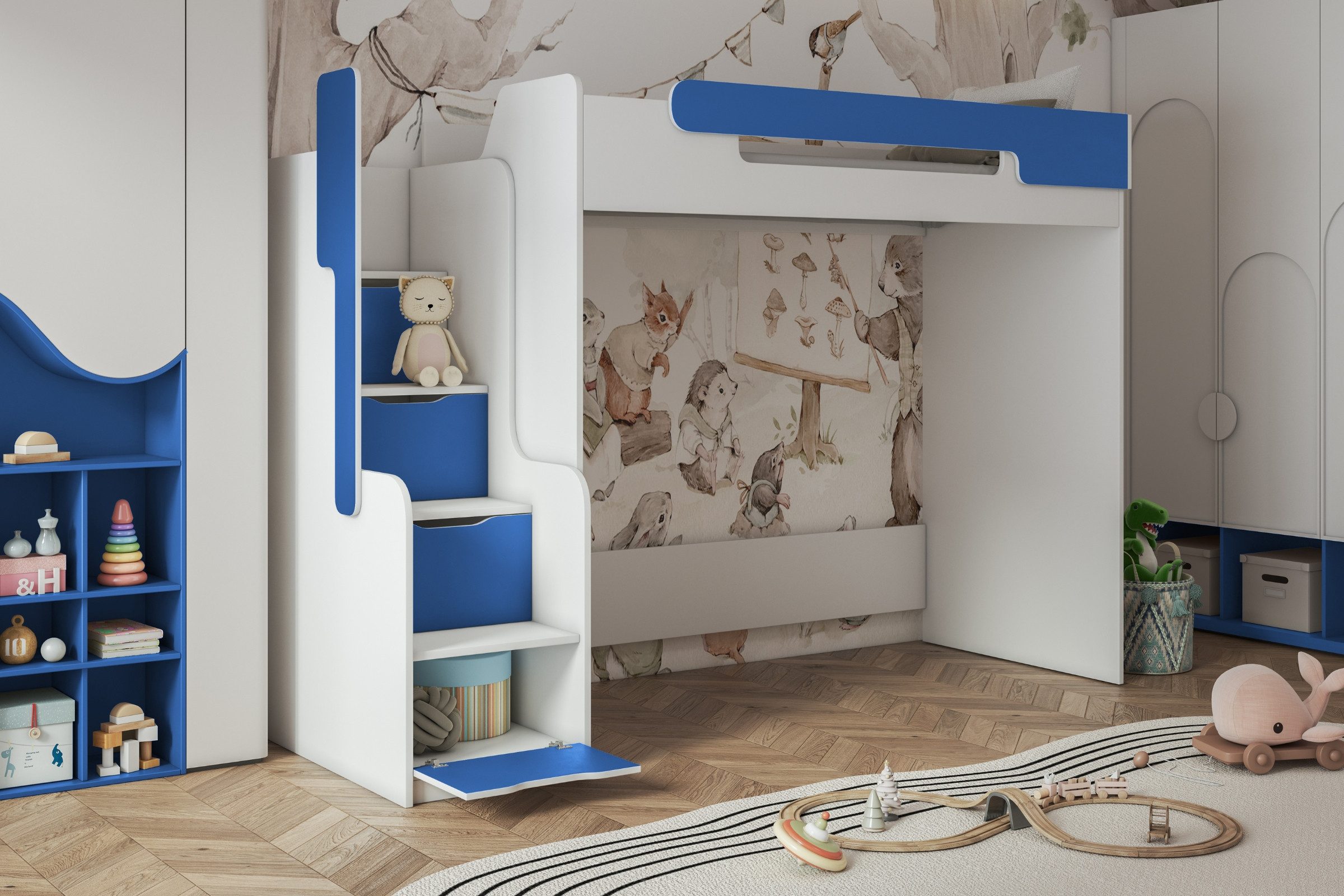 Deine Möbel 24 Hochbett ARTHUR Kinderbett mit Treppe und Stauraum, 90x200 cm (Set, 1-St., Multifunktionsbett, ideal für Kinderzimmer & Jugendzimmer) mit Schrankbereich und Lattenrost, Weiß mit Akzentfarbe