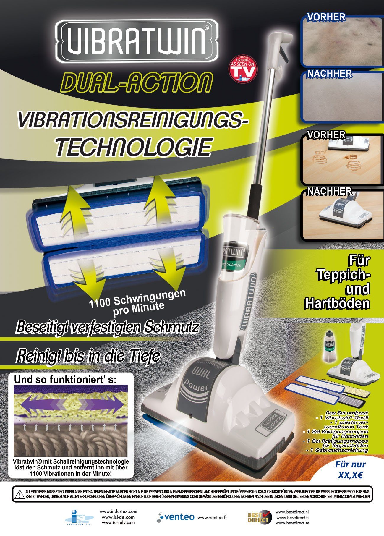 W, Poliermaschine Matten Direct® Elektrischer Bodenwischer Hartbodenreiniger - VibraTwin®, Best 40 beutellos, mit vibrierenden