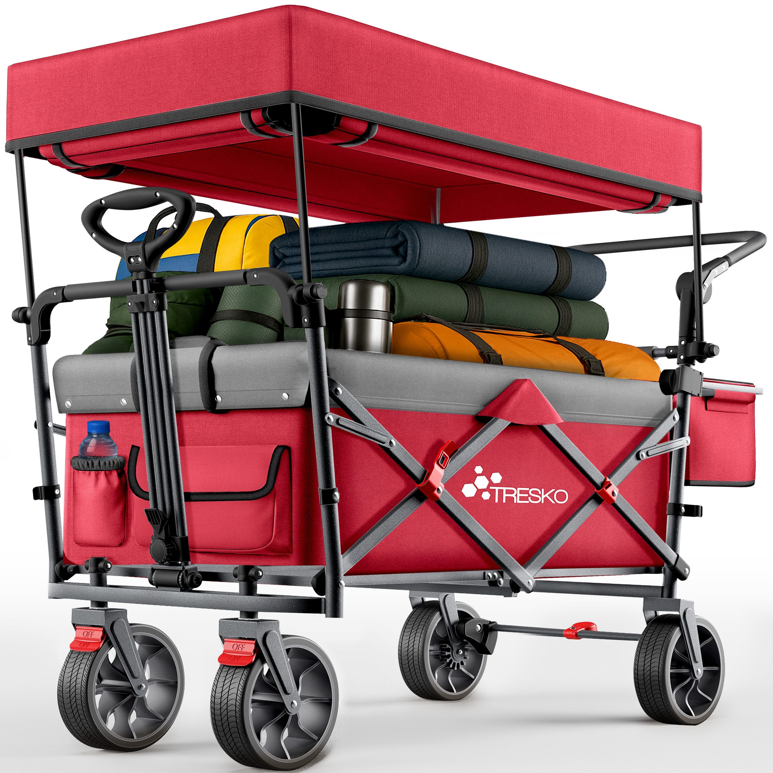 TRESKO Bollerwagen TRESKO Faltbarer Bollerwagen Handwagen (Feststellbremsen (Vorne & Hinten) und 3-Punkt-Gurt, max. belastbar bis 150kg Transportwagen mit Vollgummireifen), Faltbar mit Dach, Kühlfach & Seitenrollos Handwagen