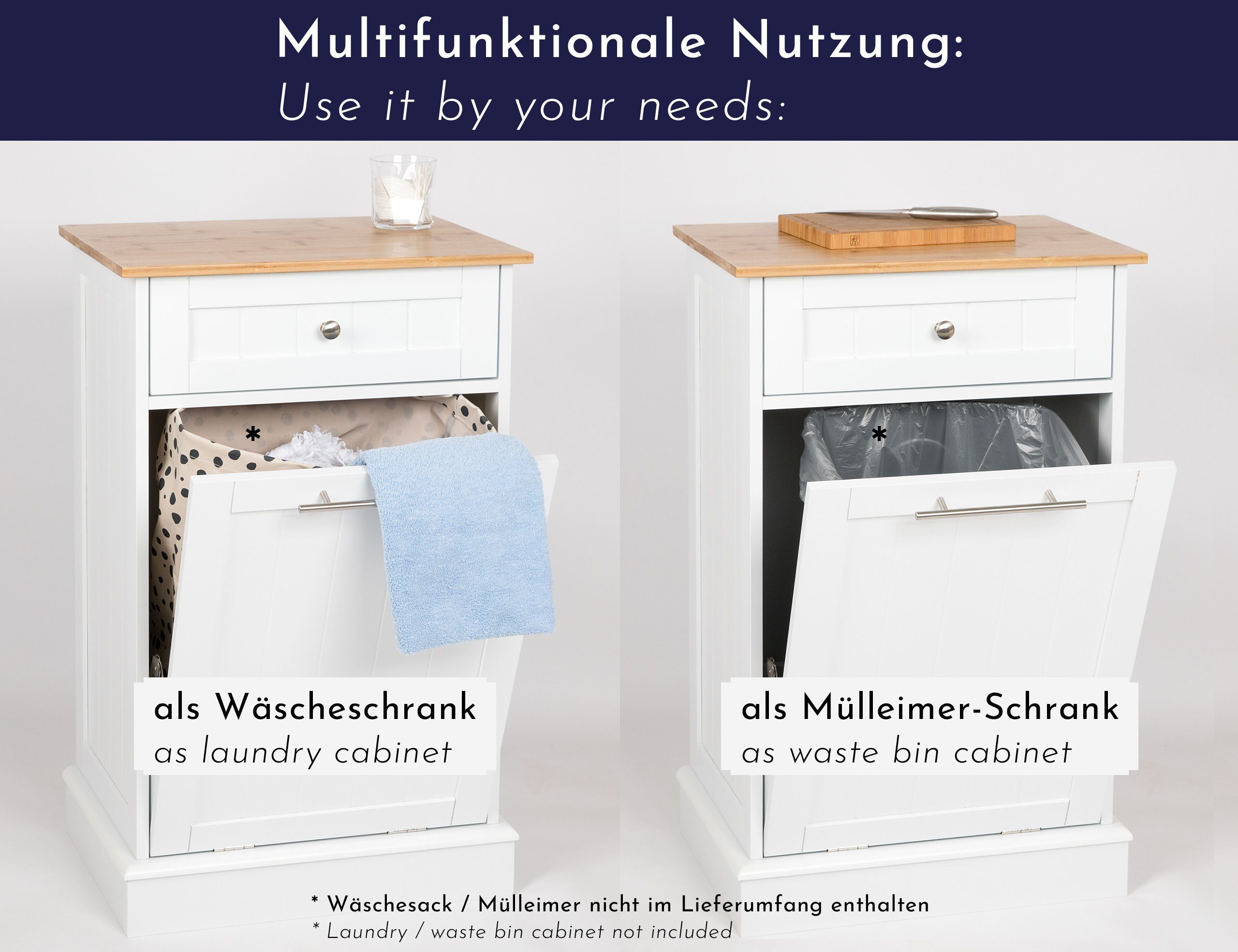 WONDERMAKE Wäschebox Mülleimer-Schrank Wäscheschrank Wäschesammler mit Schublade, Bad Küche, hoch aus Holz + Bambus, Wäschetruhe Abfallschrank ausklappbar klapp – Bild 2 von 5