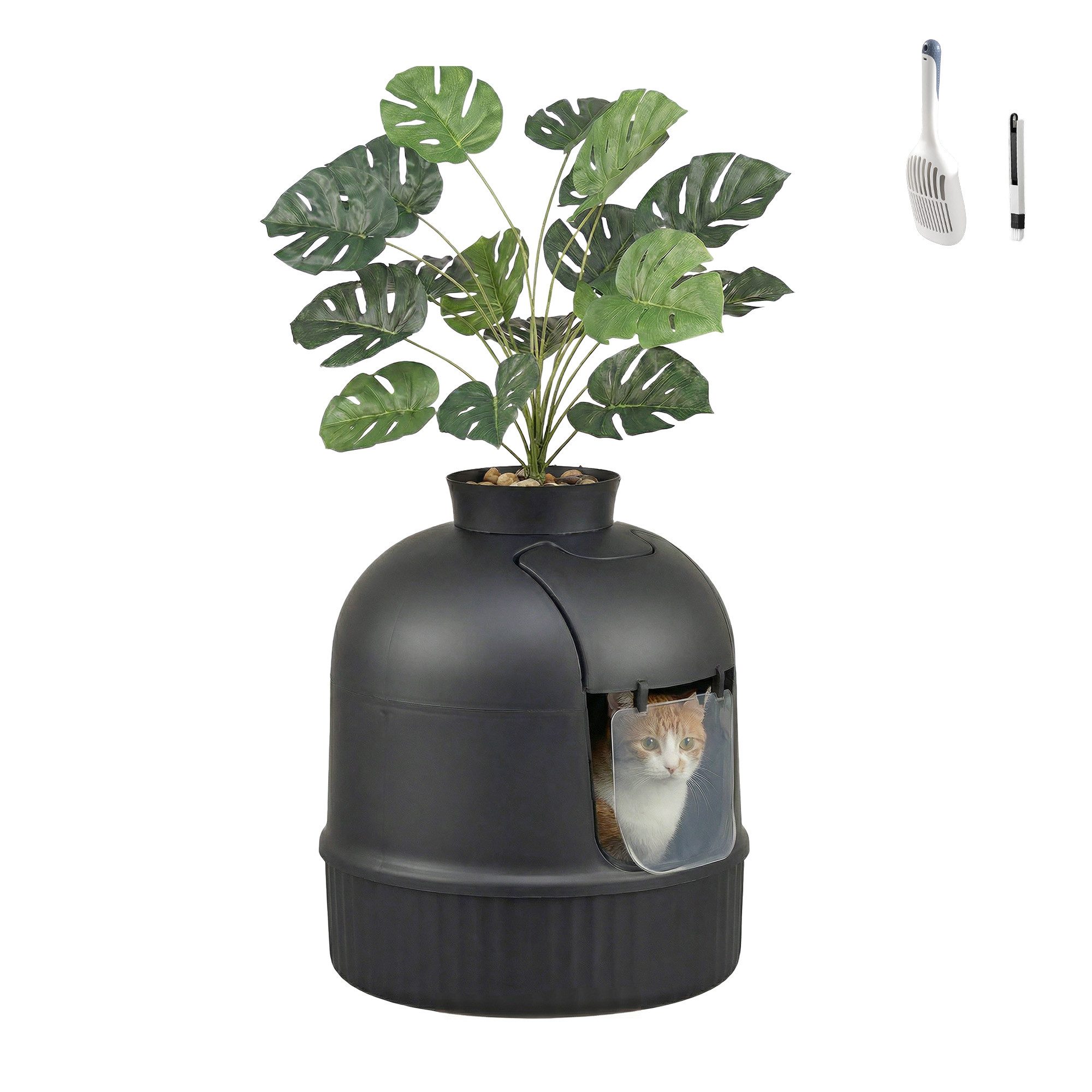 FEANDREA Katzentoilette Katzenklo Blumentopf, versteckte, Schaufel, Bürste, 49 x 49 x 59 cm, mit künstlicher Pflanze, Kohlefilter, Geruchskontrolle, Kieselsteinen