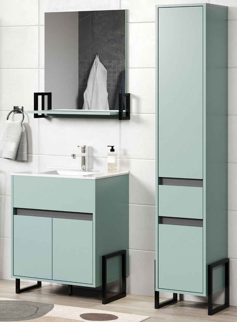 trendteam Badmöbel-Set Matix, (Badezimmer in Dusk Blue mit Anthrazit, 110 x 190 cm), komplett mit Waschbecken