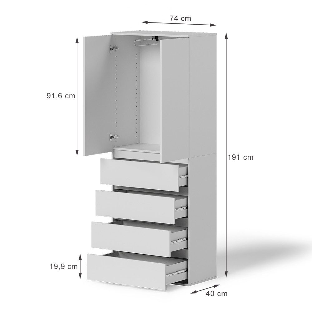 Vicco Kleiderschrank Claus, Weiß, 74 x 191.5 cm mit 4 Schubladen (1-St)