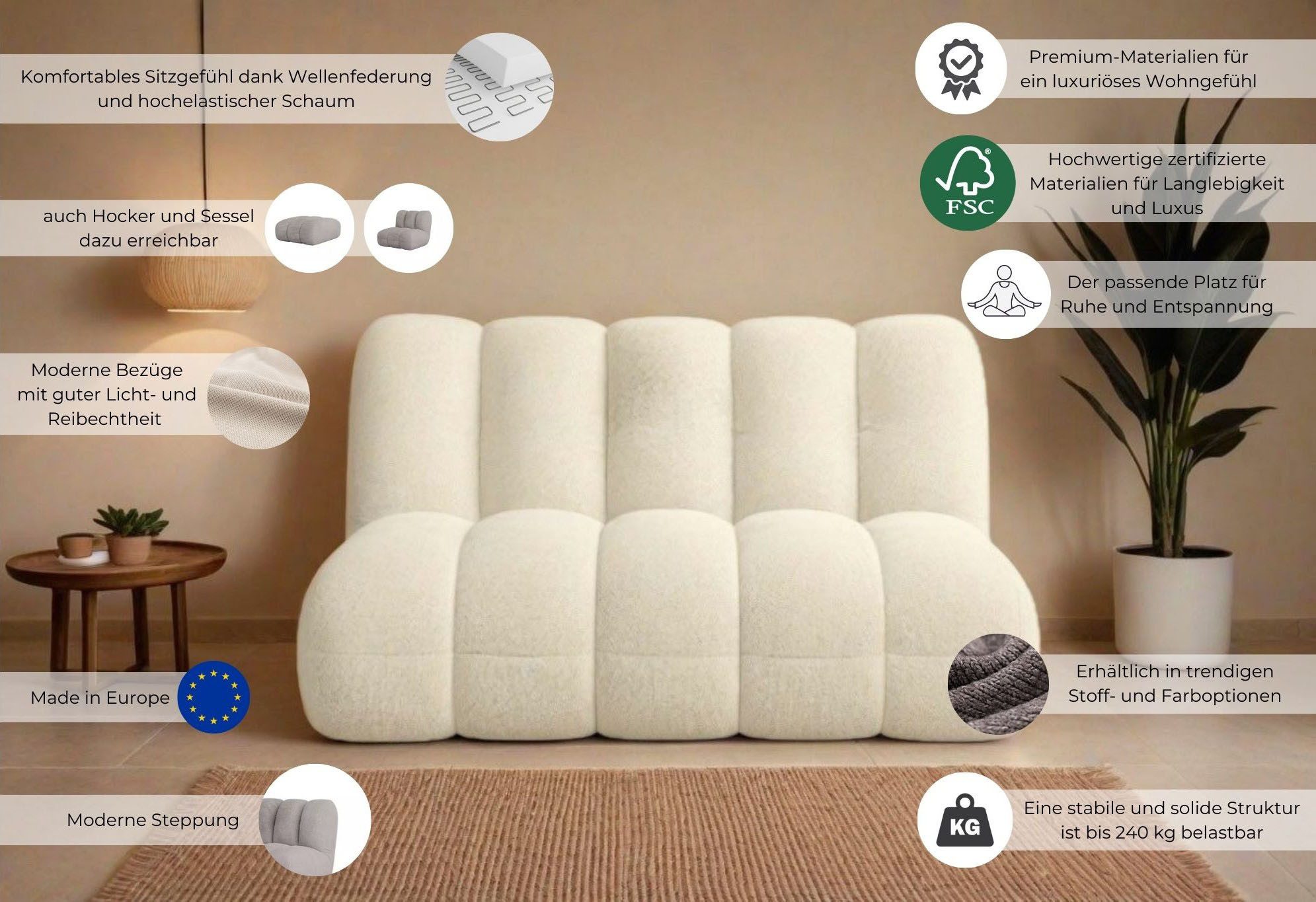 LeGer Home by Lena Gercke 2-Sitzer Priya Designersofa, moderne Steppung, auch in Bouclé, gemütlich und modern, B/T/H: 155/108/84 cm