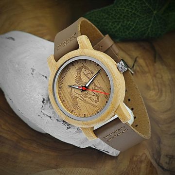 Holzwerk Quarzuhr LIL TORI BROWN Damen Leder & Holz Armband Uhr mit Pferd Motiv, braun