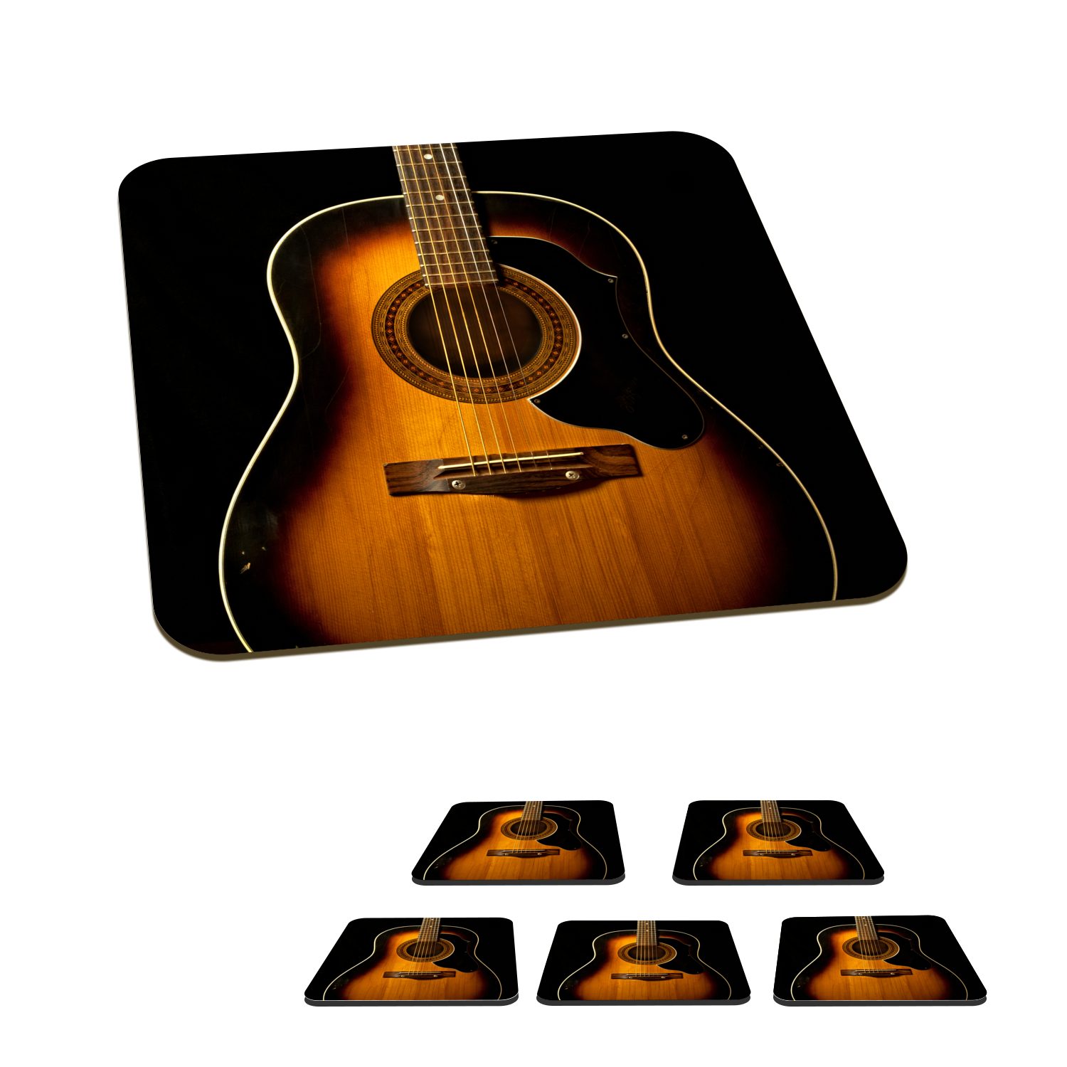 MuchoWow Glasuntersetzer Akustische Gitarre auf schwarzem Hintergrund, Zubehör für Gläser, 6-tlg., Glasuntersetzer, Tischuntersetzer, Korkuntersetzer, Untersetzer, Tasse