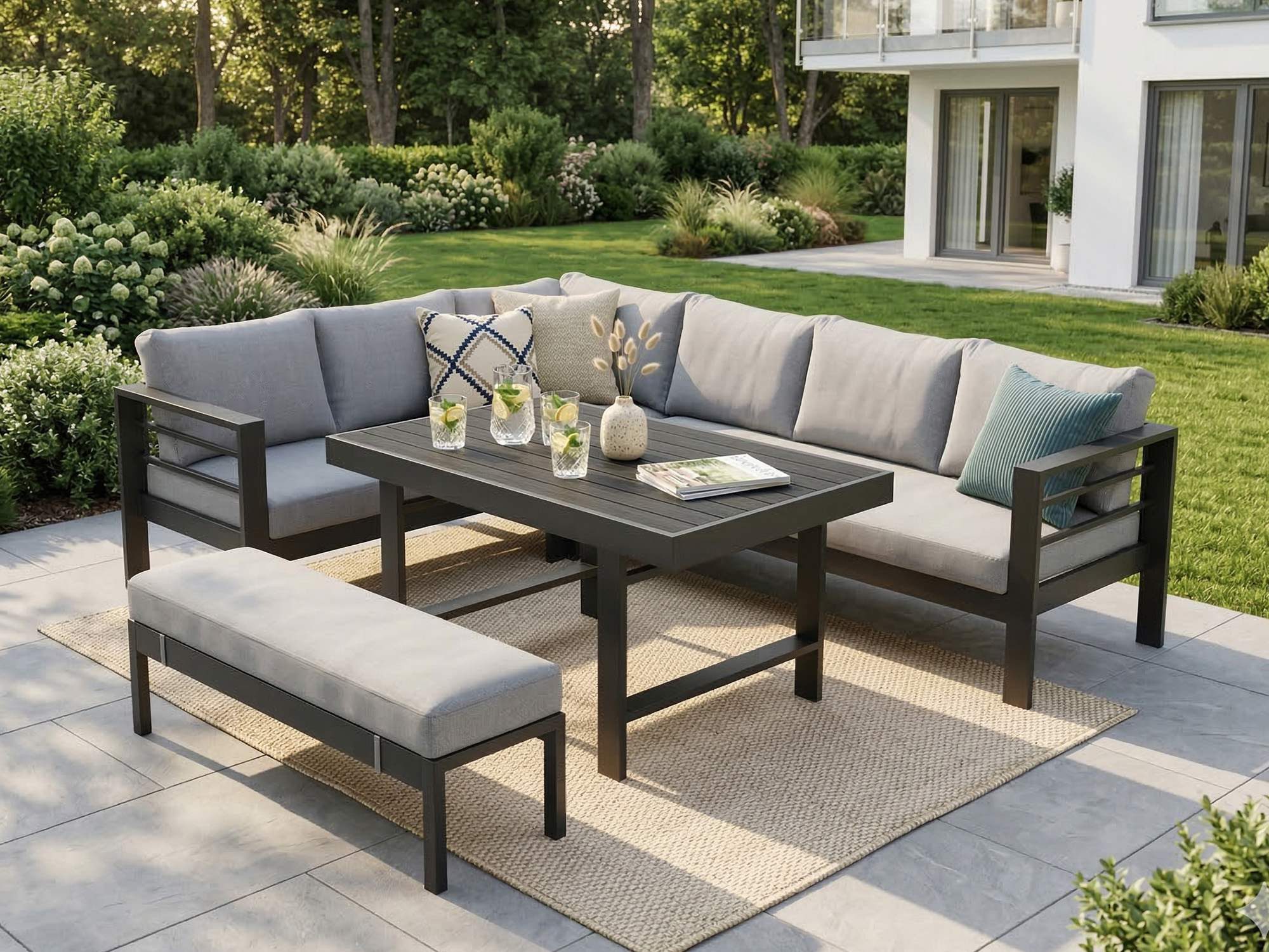 MeXo Gartenlounge-Set Outdoor Gartenmöbel Lounge-Set für 6-8 Personen, (Aluminium-Ecklounge, linke Ecke, 5-tlg., wetterfest & pflegeleicht), großer Esstisch 130×80 cm, bis 140 kg belastbar je Sitz