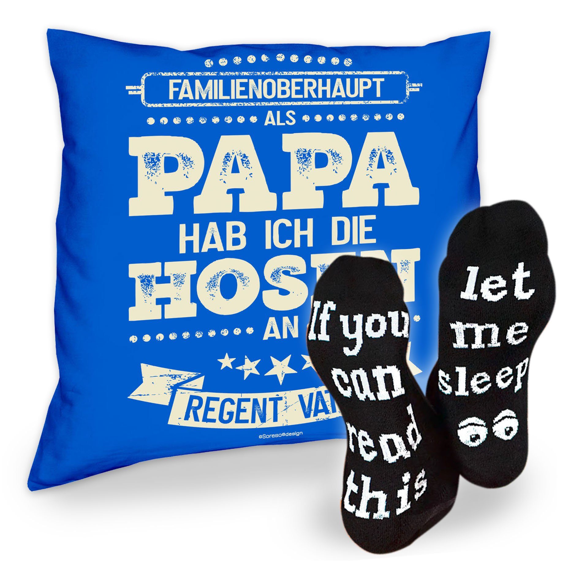 Soreso® Dekokissen Kissen Als Papa hab ich die Hosen an & Sprüche Socken Sleep, Geschenkidee Weihnachtsgeschenk royal-blau | Dekokissen