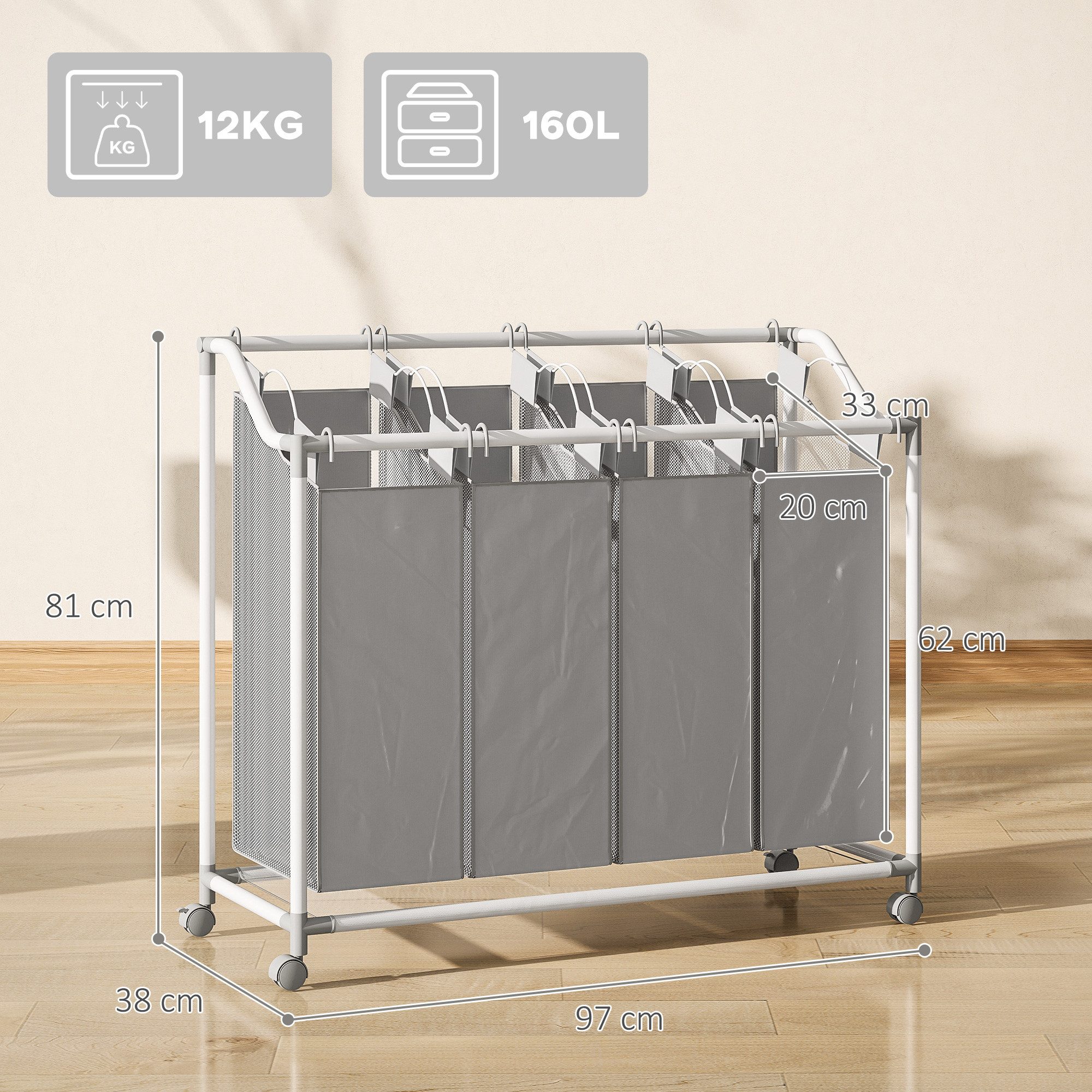 HOMCOM Wäschekorb 4 Fächer 160 L Wäschesack, Wäschesortierer mit Rädern (Wäschesammler, 1 St., Wäschebox), für Waschküche, Schlafzimmer, Badezimmer, Grau – Bild 3 von 5