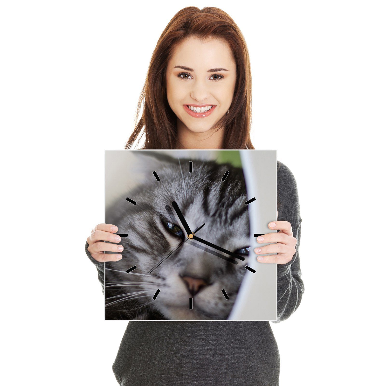 Primedeco Wanduhr cm Glasuhr Kuschelnde Katze x Wandkunst 30 30 Größe mit Wanduhr Motiv