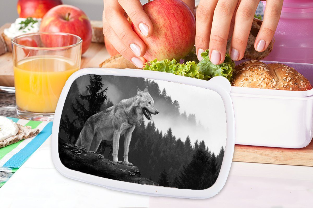 MuchoWow Lunchbox Wolf - Erwachsene, Weiß, Kinder Brotdose, - und Kunststoff, Brotbox für (2-tlg), Jungs - und Mädchen Schwarz Wald für
