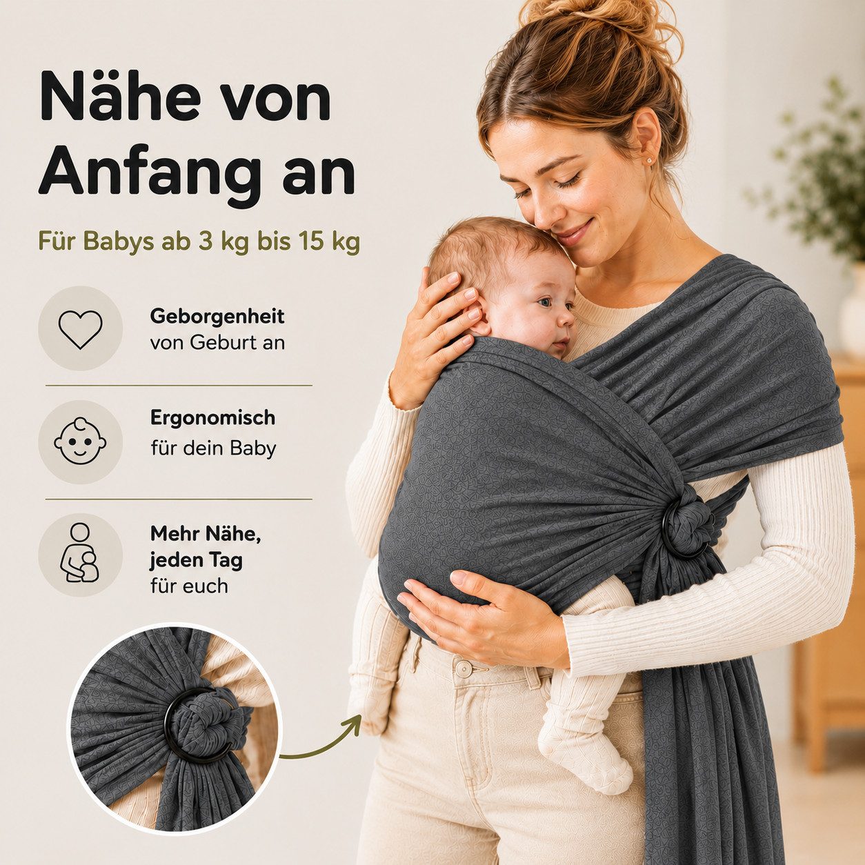 SKY & ZEN Tragetuch Baby Neugeborene - Babytragetuch ohne binden, Babytrage ab Geburt bis 15 Kilo, elastisches Tragetuch