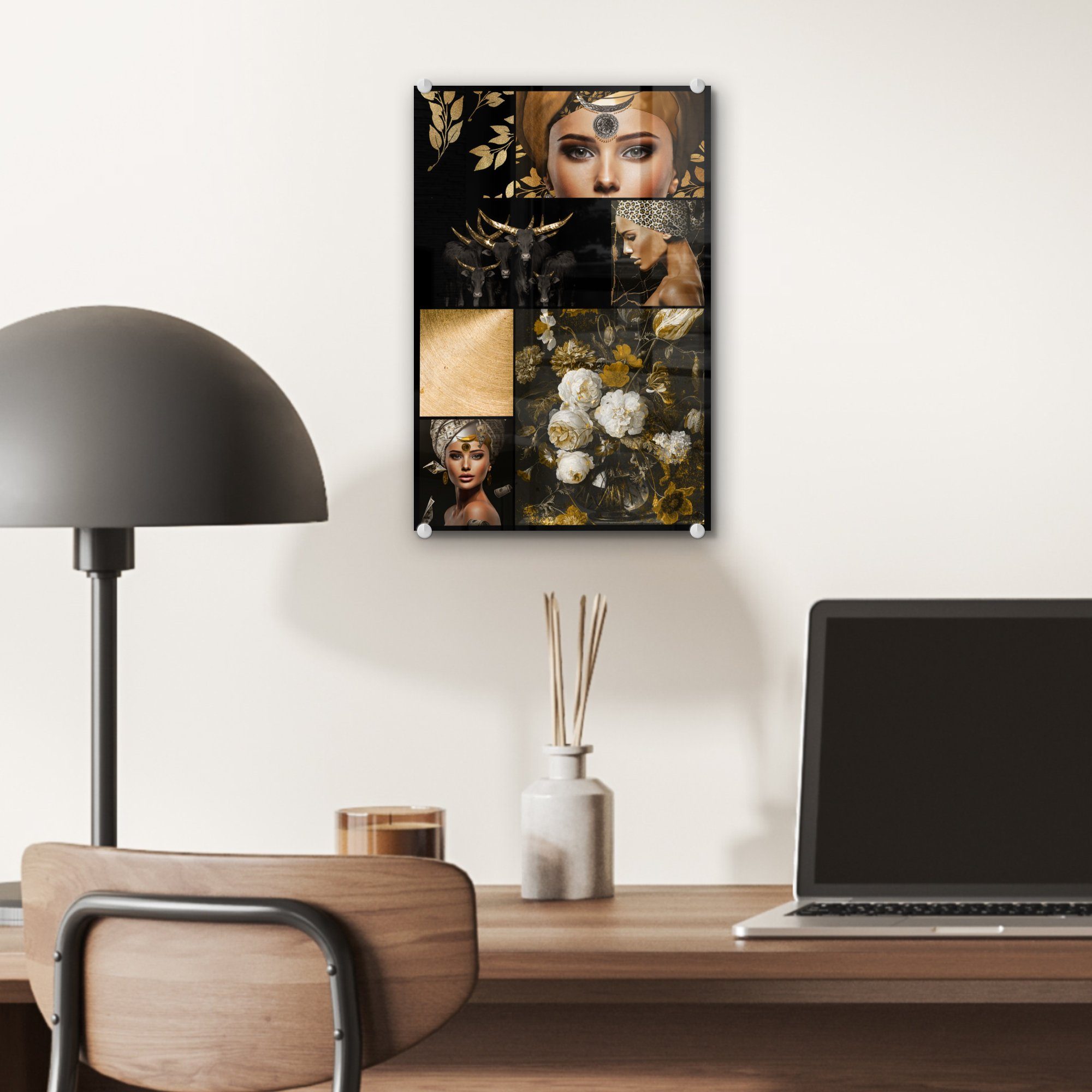 - bunt Wanddekoration Foto auf Glas Acrylglasbild auf Gold St), Bilder Frauen Wandbild (1 - Glitter, - Glas MuchoWow Schwarz Glasbilder - - -