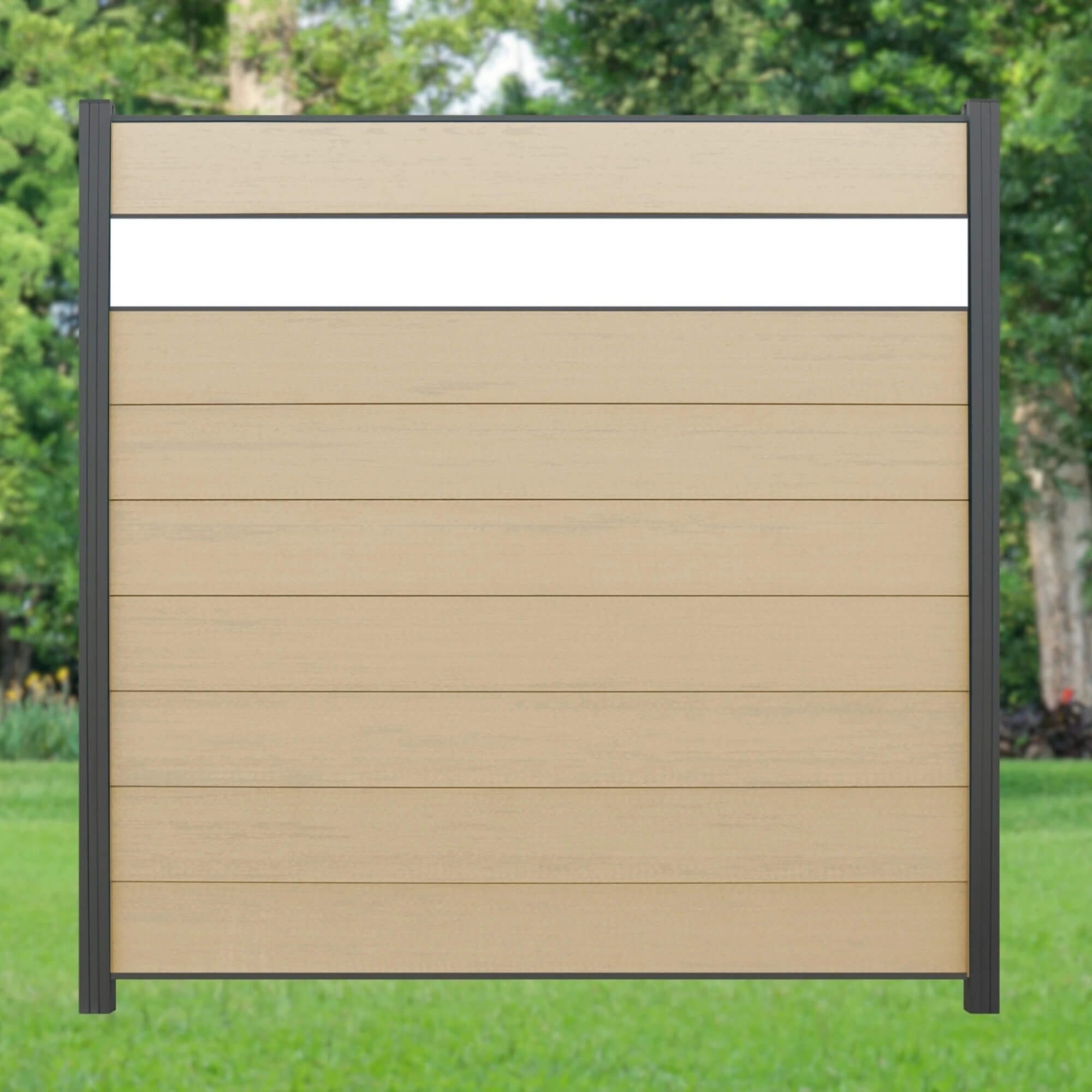 WPC Profi Zaun Komplettset Zaunelement Sichtschutz Sandbeige Dekor Glas 180x180cm, (Komplettset, mit Start- und Abschlussleisten, Pfosten und Zubehör)