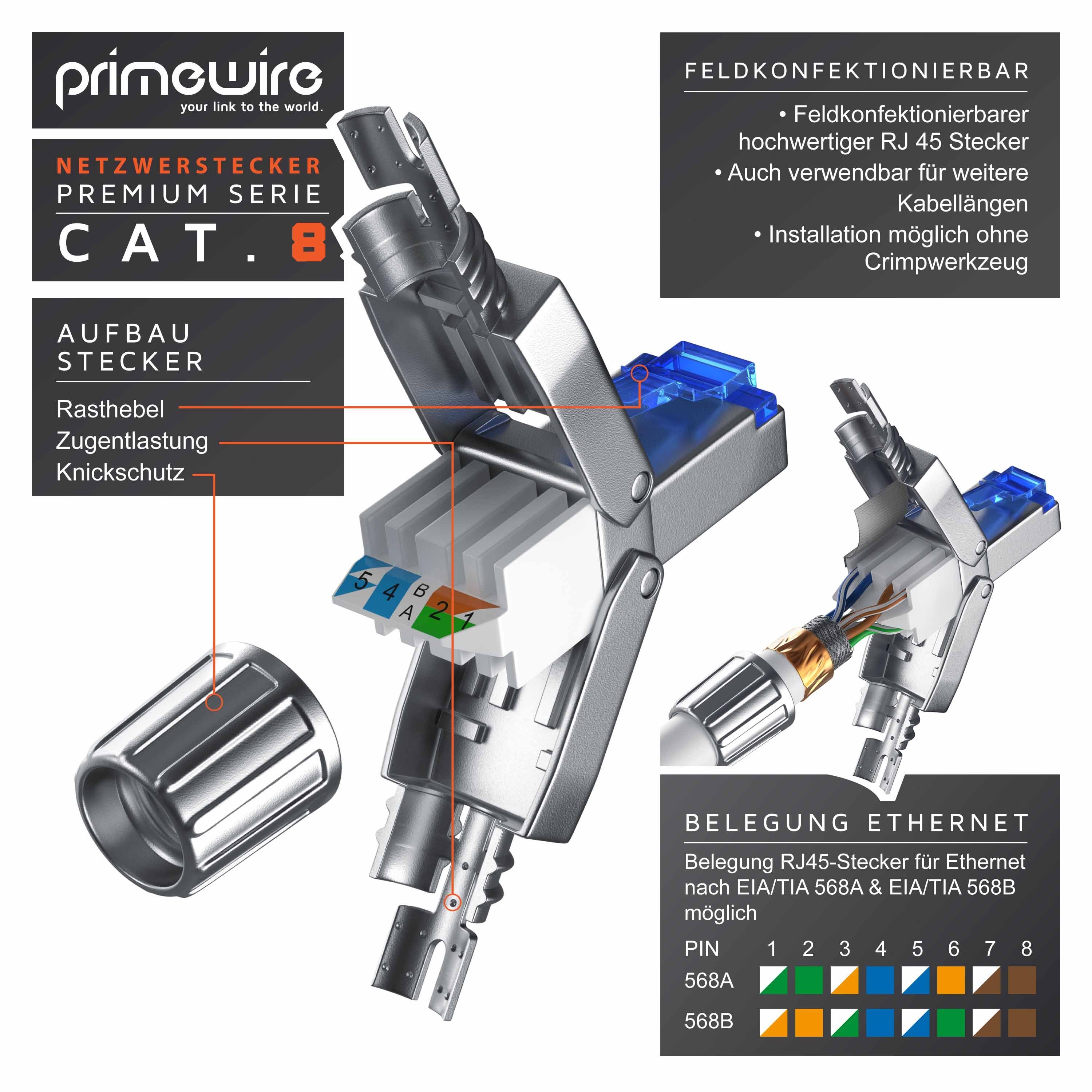 Primewire Netzwerkstecker RJ45 CAT 8, Gigabit Ethernet LAN Kabel, 40 Gbit/s Netzwerk-Adapter RJ-45 (Ethernet) zu Netzwerkkabel, Werkzeuglose Crimpstecker, Steckverbinder für Netzwerk- & Verlegekabel