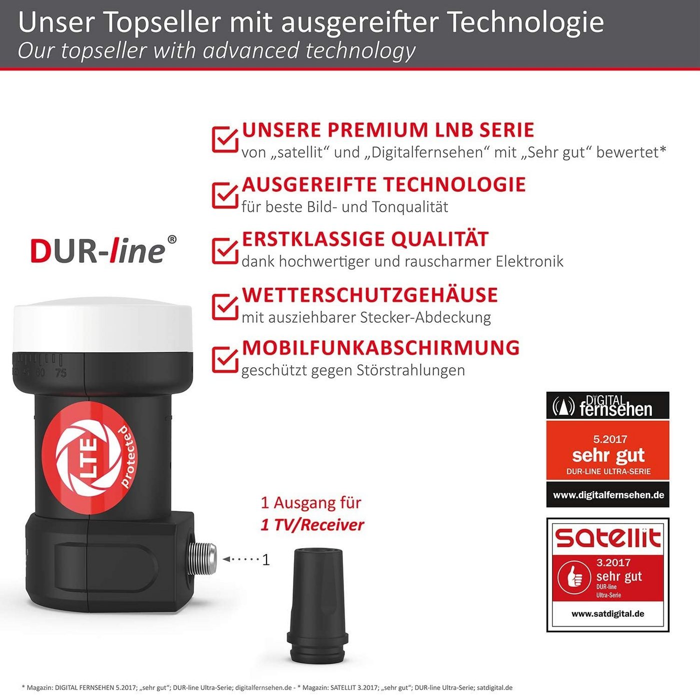 Thumbnail - DUR-line DUR-line +Ultra Single LNB - 1 Teilnehmer schwarz - mit LTE-Filter [ Universal-Single-LNB