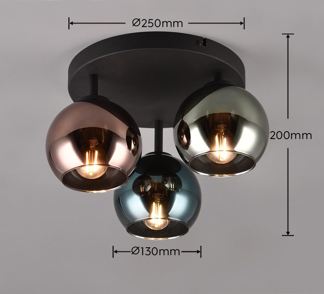 Reality Leuchten Deckenleuchte SHELDON, Deckenlampe 3-flammig exkl 3x E14 max 10W Glasschirme bunt, Leuchtmittel wechselbar, warmweiß - kaltweiß, Ø gesamt 33cm, Deckenleuchte blau grün + kupfer Glas verspiegelt