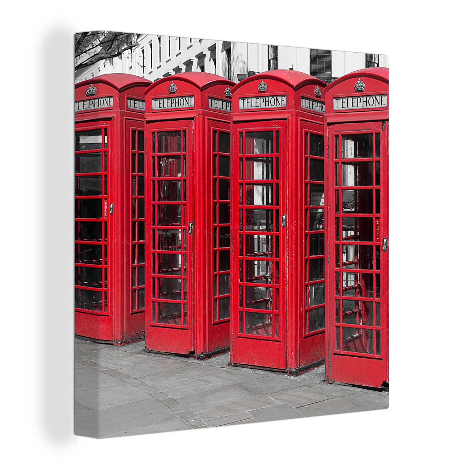 OneMillionCanvasses® Leinwandbild Schwarz-Weiß-Foto von vier roten Telefonkabinen, (1 St), Leinwand Bilder für Wohnzimmer Schlafzimmer