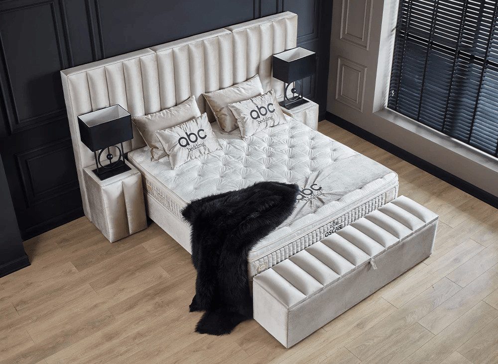 abc bedding Boxspringbett Komfortbett OSCAR mit Samt in Creme Beige, Voll-orthopädisches Schlafsystem inklusive Bettkasten