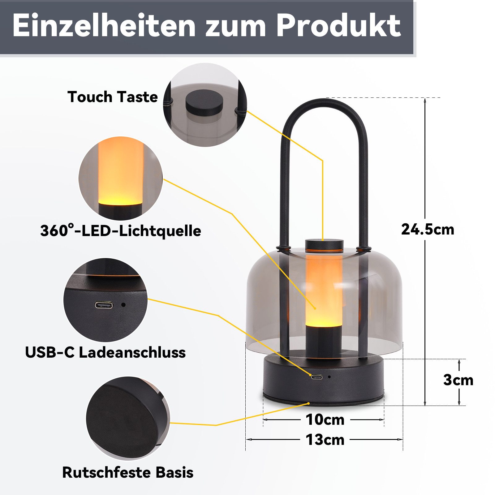 ZMH LED Tischleuchte Tischlampe Akku LED Tragbare Tischleuchte, TragbarTischlampe, ohne Leuchtmittel, Kabellos Nachttischlampe Dimmbare 1800K-6500K – Bild 2 von 5