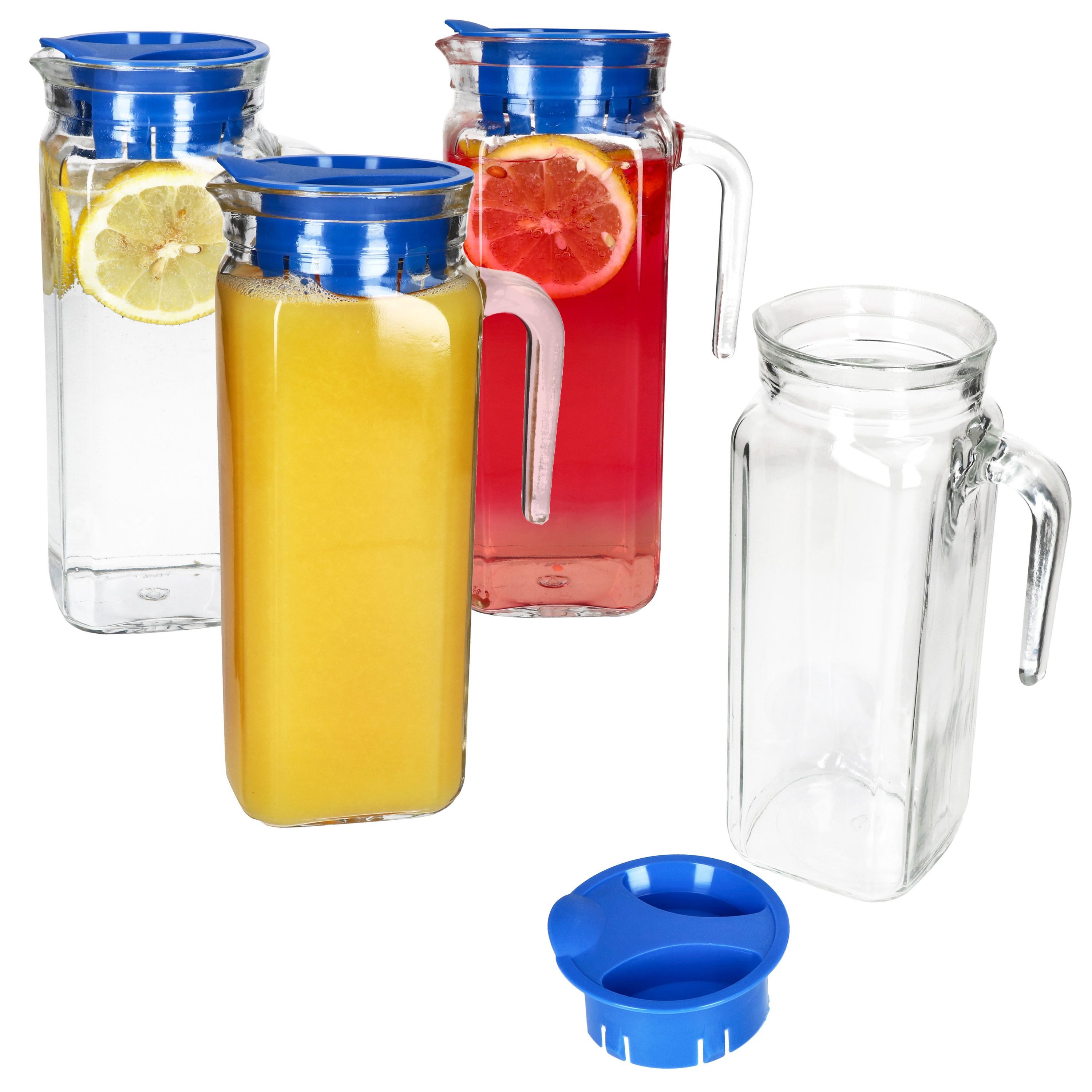 Karaffe 4x KARO Kühlschrankkrug mit Deckel blau 1L Henkel Glas-Karaffe Kanne