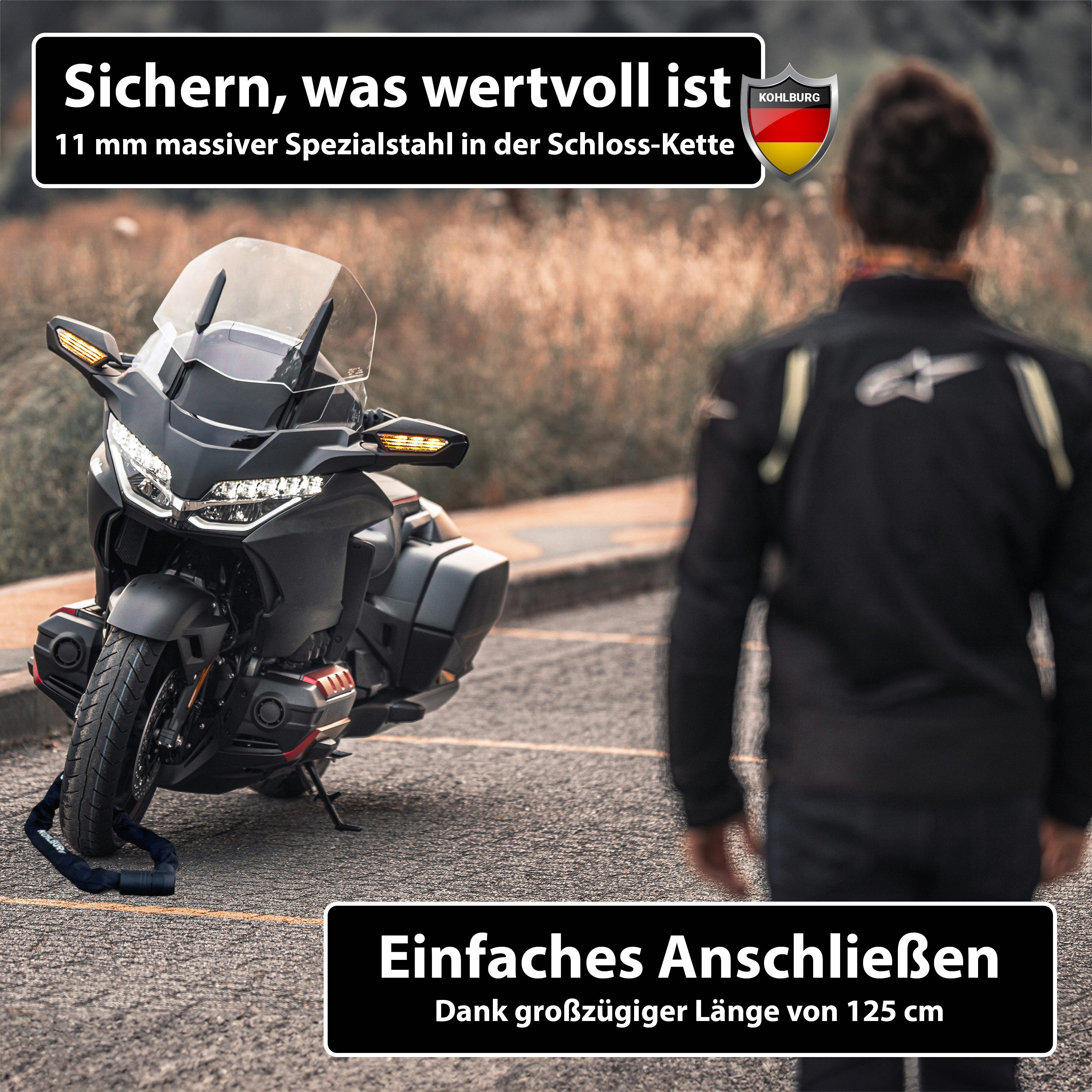 KOHLBURG Kettenschloss Motorradschloss [Anti-Bolzenschneider] Fahrradschloss hohe Sicherheit, 125 cm lang • 4,5 kg • Schloss für Motorrad Scooter E Bike & Fahrrad
