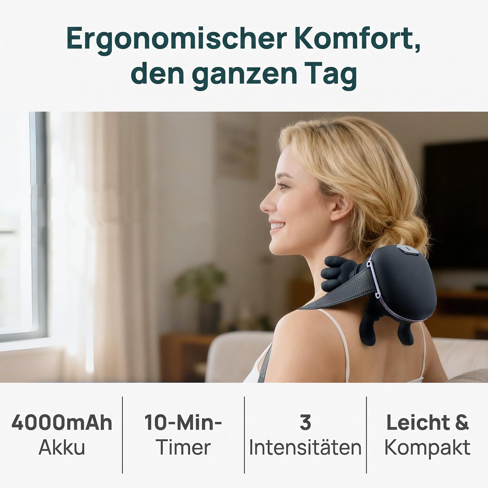 AKKEE Nacken-Massagegerät 4D Nackenmassagegerät Mit Wärme, Timer, Kabellos, 3 Massagestufen 2 Temperaturstufen für Nacken,Zuhause,Büro,Reisen – Bild 2 von 5