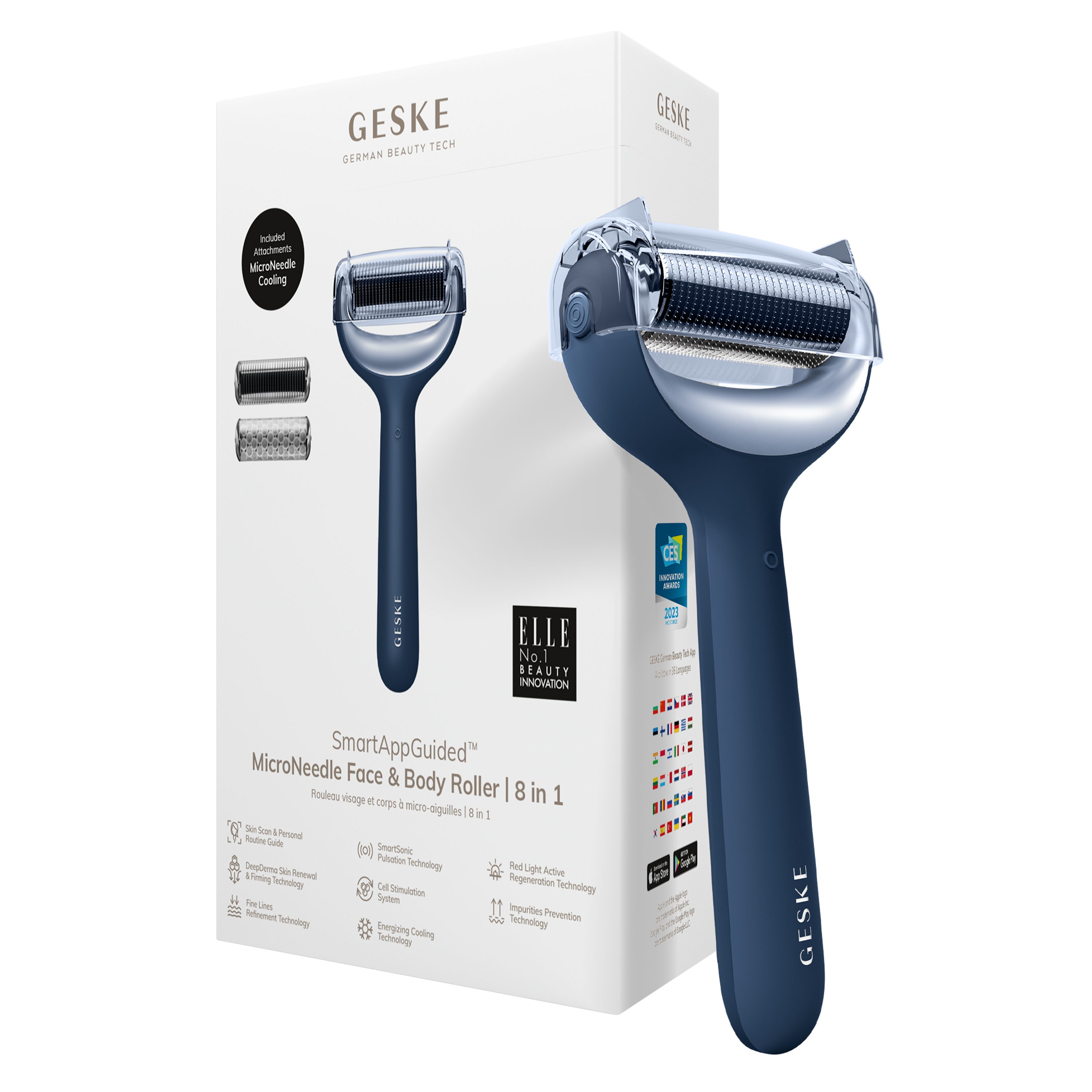 GESKE German Beauty Tech Micro-Needling SmartAppGuided™ MicroNeedle Face & Body Roller 8 in 1, Packung (Gerät & USB-Ladekabel), 4-tlg., Gerät inkl. kostenloser APP (SmartAppGuided Device), Mit der GESKE App erhältst Du deine personalisierte Hautpflegeroutine. Midnight