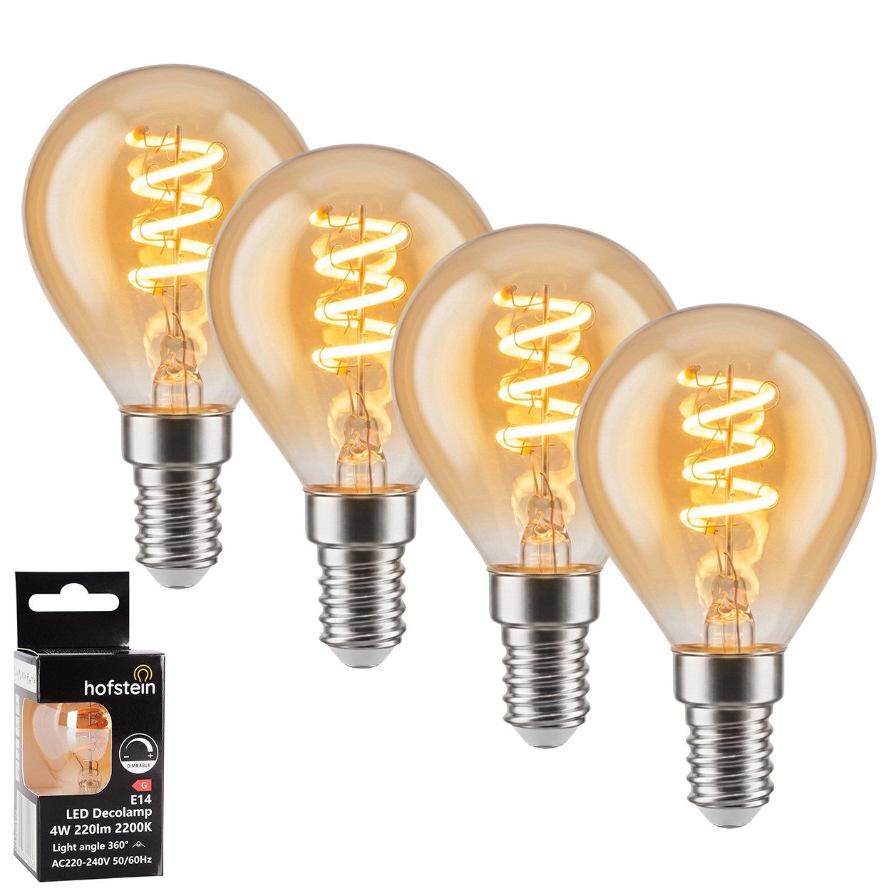 hofstein LED-Leuchtmittel 4er Set Glühbirne Extra Warmweiß dimmbar 4 Watt, E14, 2200 Kelvin, 220 Lumen, Kerze, Filament Spirale, Amber