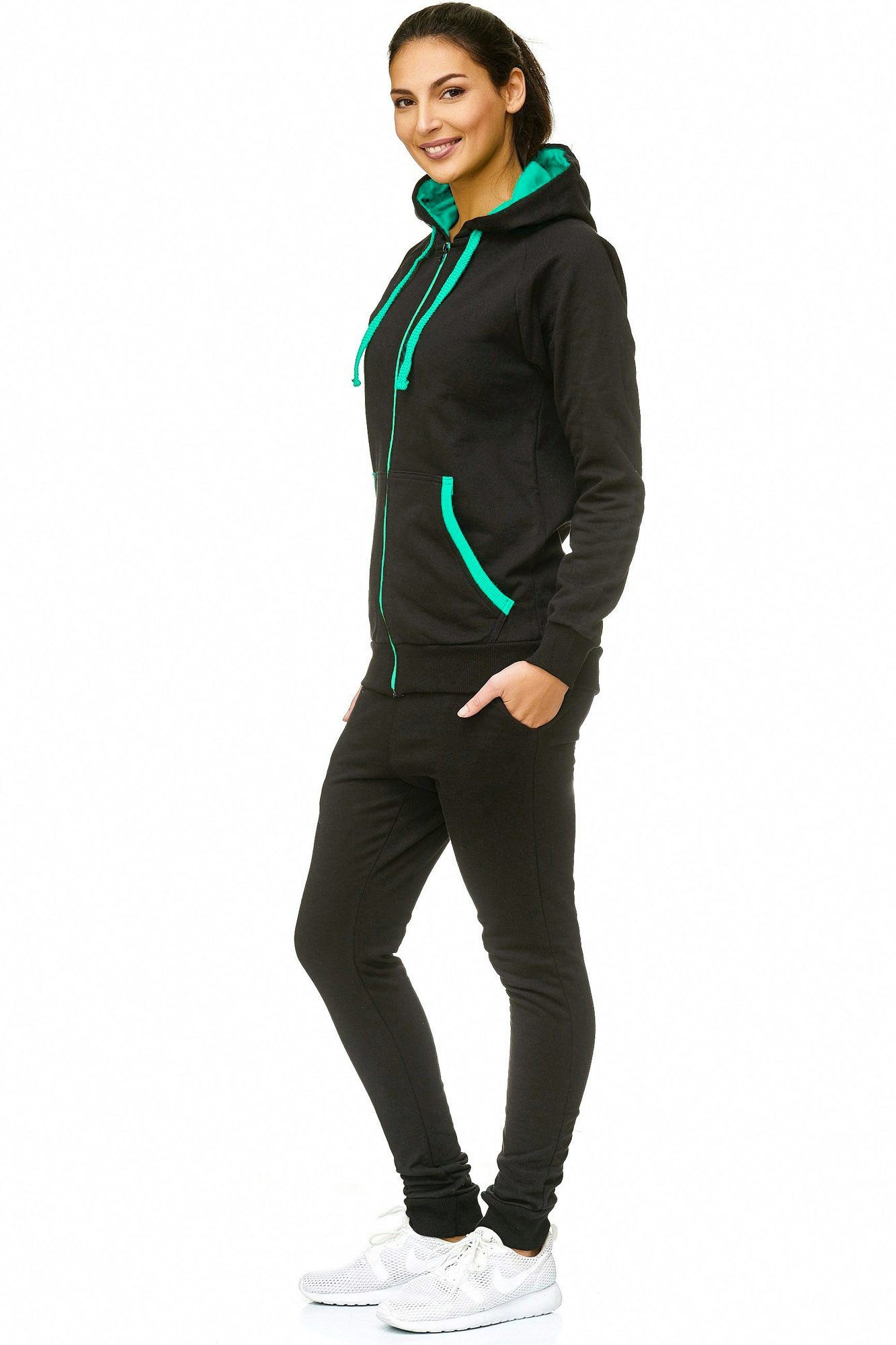 L.gonline Freizeitanzug Damen Freizeitanzug Jogginganzug Sweatwear 704 (Kapuzenjacke mit Reißverschluss, Hose, 2-tlg), Fitness Freizeit Casual