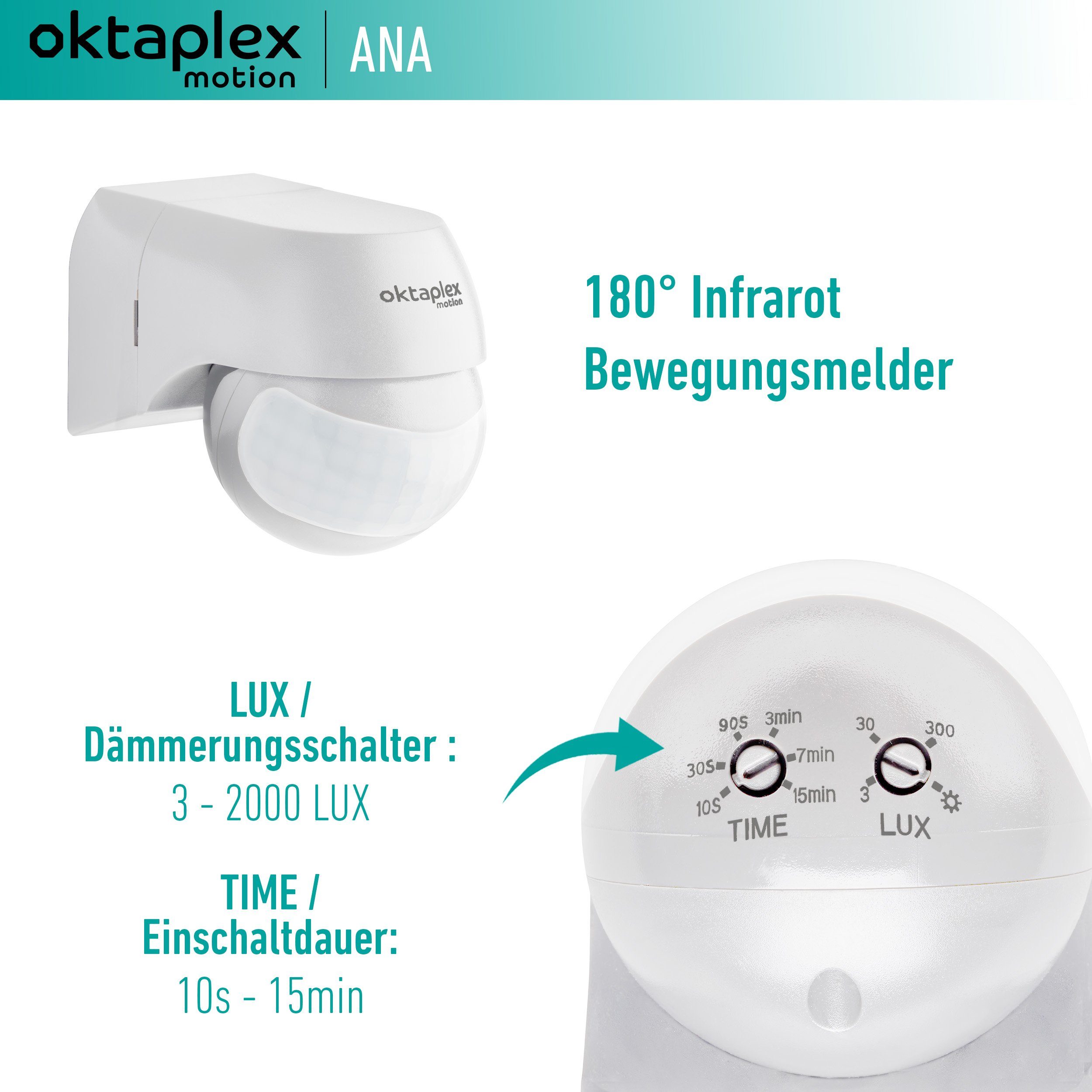 Oktaplex motion Bewegungsmelder Ana IP44 230V, / weiss 12m Reichweite Infrarotsensor 180° Aufputz schwenkbar