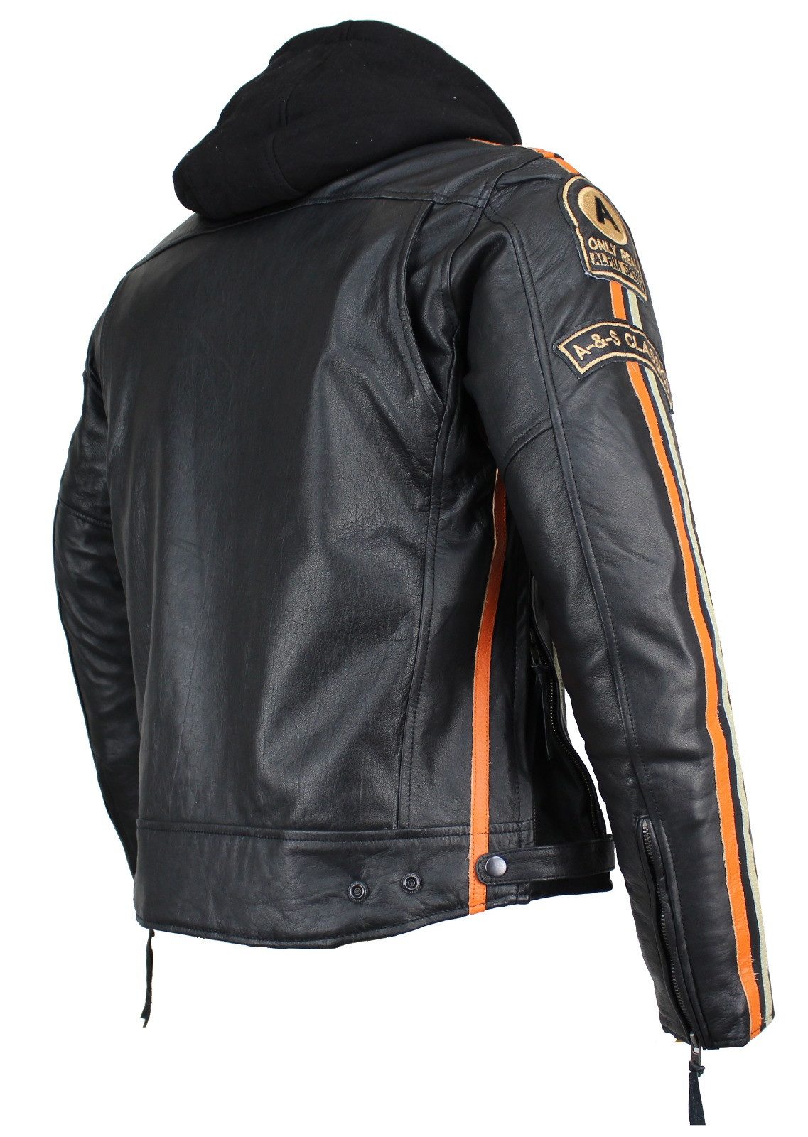 Alpha Speeds Motorradjacke Herren Leder Jacke Biker Freizeit Highway Jacke Orange/Beige Streifen (Trennbare Innenjacke + Kapuze) aus weichem Lammleder, mit herausnehmbare Protektoren