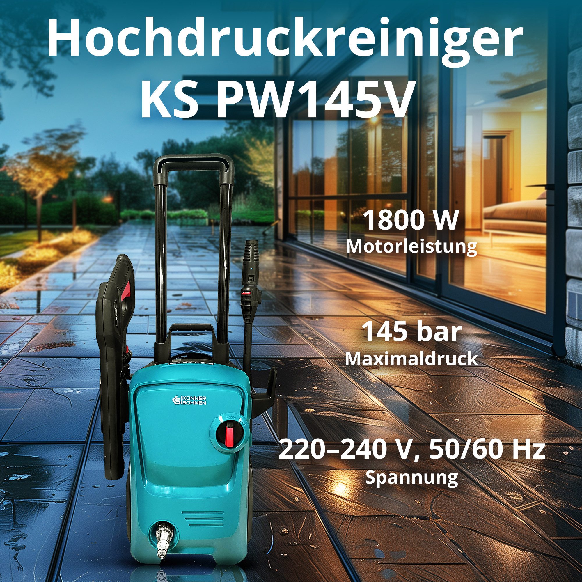 Könner & Söhnen Hochdruckreiniger KS PW145V, Druck max: 145 bar, (Hochdruckreiniger KS PW145V 145 bar, 1 tlg), Teleskopgriff, Auto-Start/Stopp, Rotordüse, Schaumsprüher