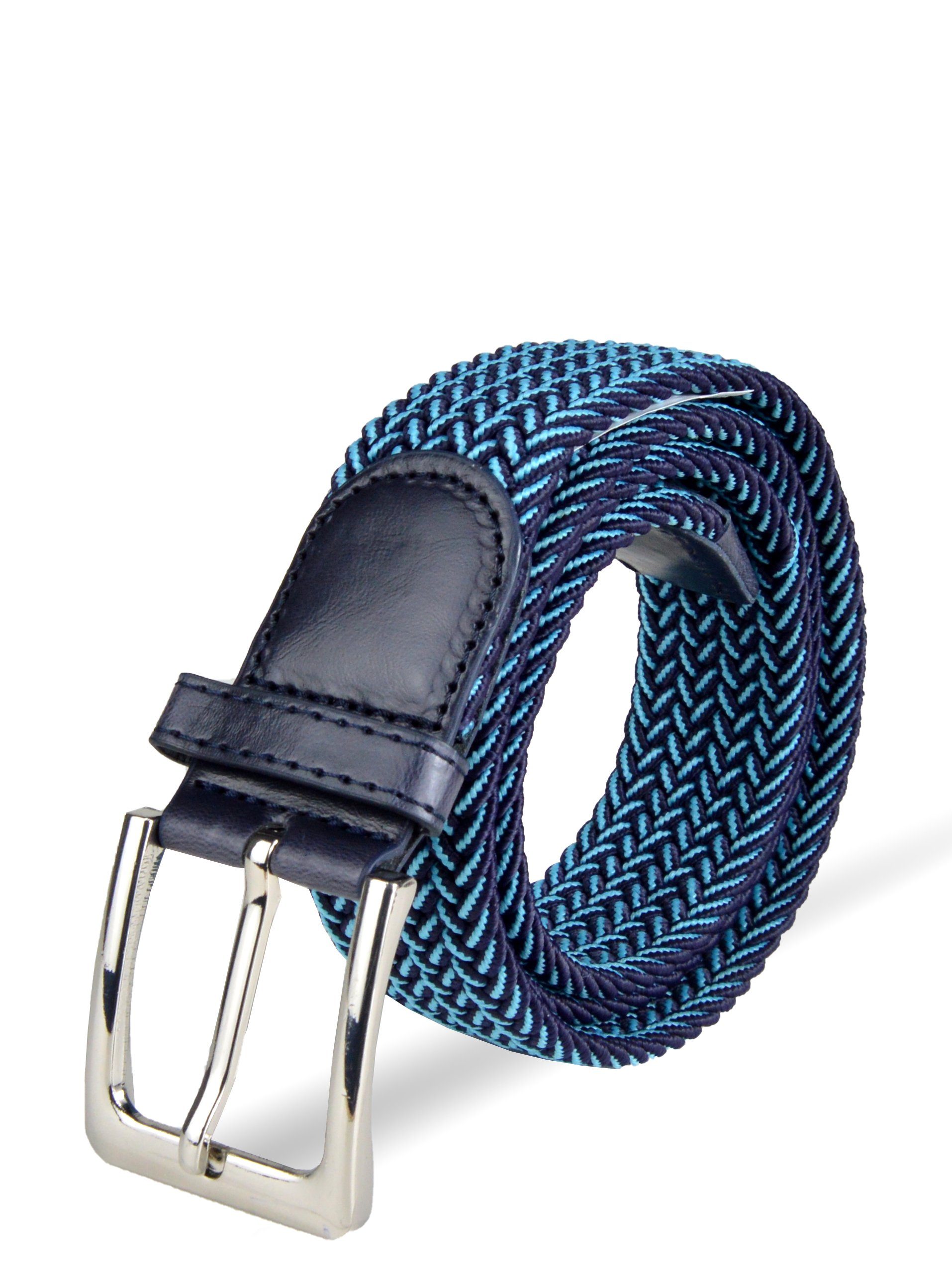 Herren stufenlos elastischer (105-150cm) Stoffgürtel Blau-Hellblau Stretchgürtel Flechtgürtel Socked einstellbar,