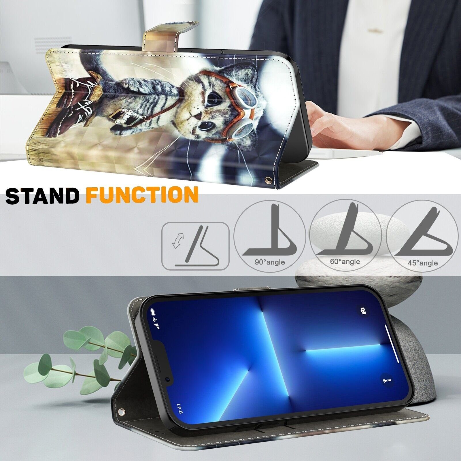 CLM-Tech Handytasche für Samsung Galaxy A55 5G Hülle - Tasche aus Kunstleder Klapphülle (coole Katze, Handyhülle mit Standfunktion - Wallet Flip Case inklusive  – Bild 3 von 5