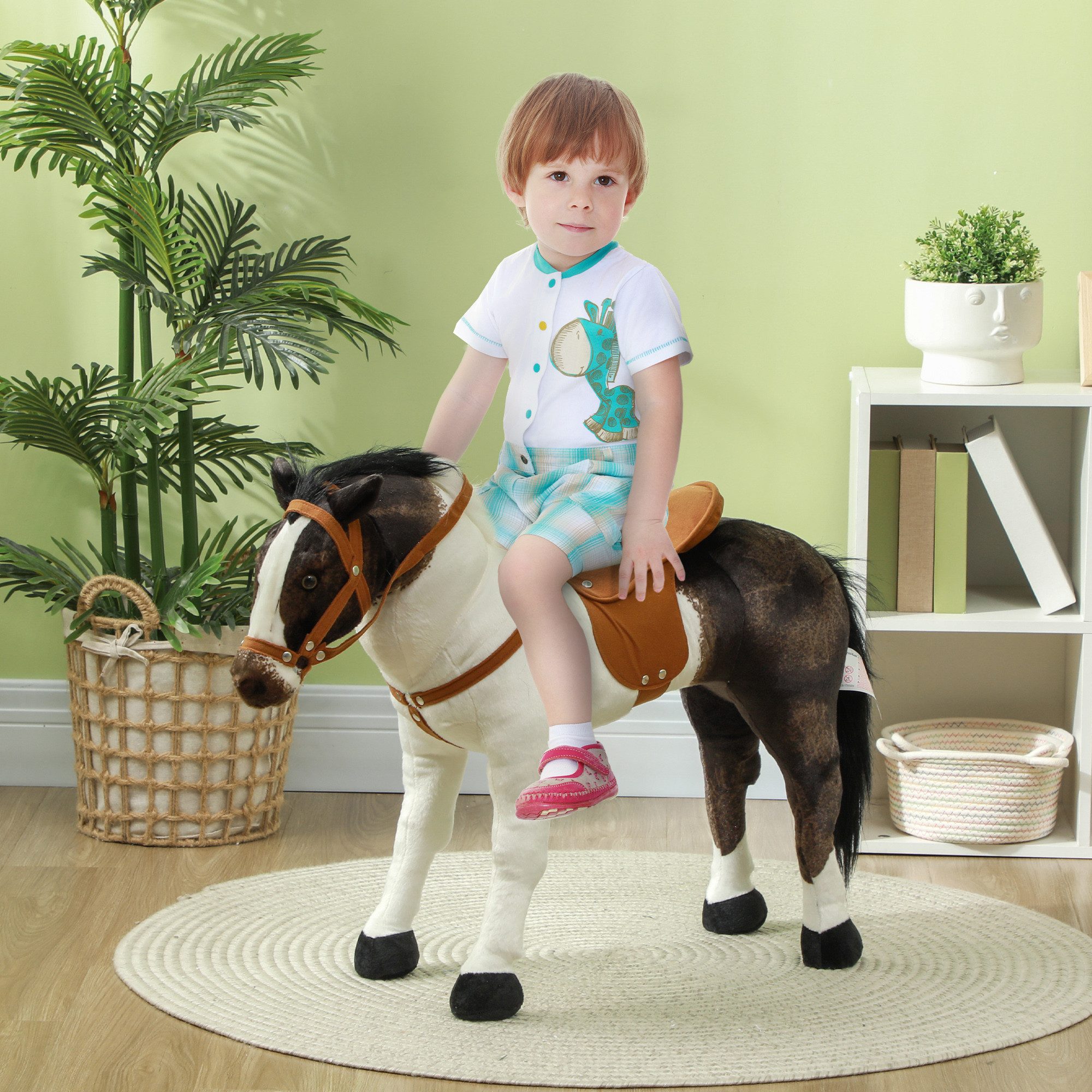 AIYAPLAY Reitpferd mit Soundfunktion, 48 cm Höhe, mit Sattel und Zaumzeug, für Kinder 3-8 Jahre, Metall, Braun+Cremeweiß