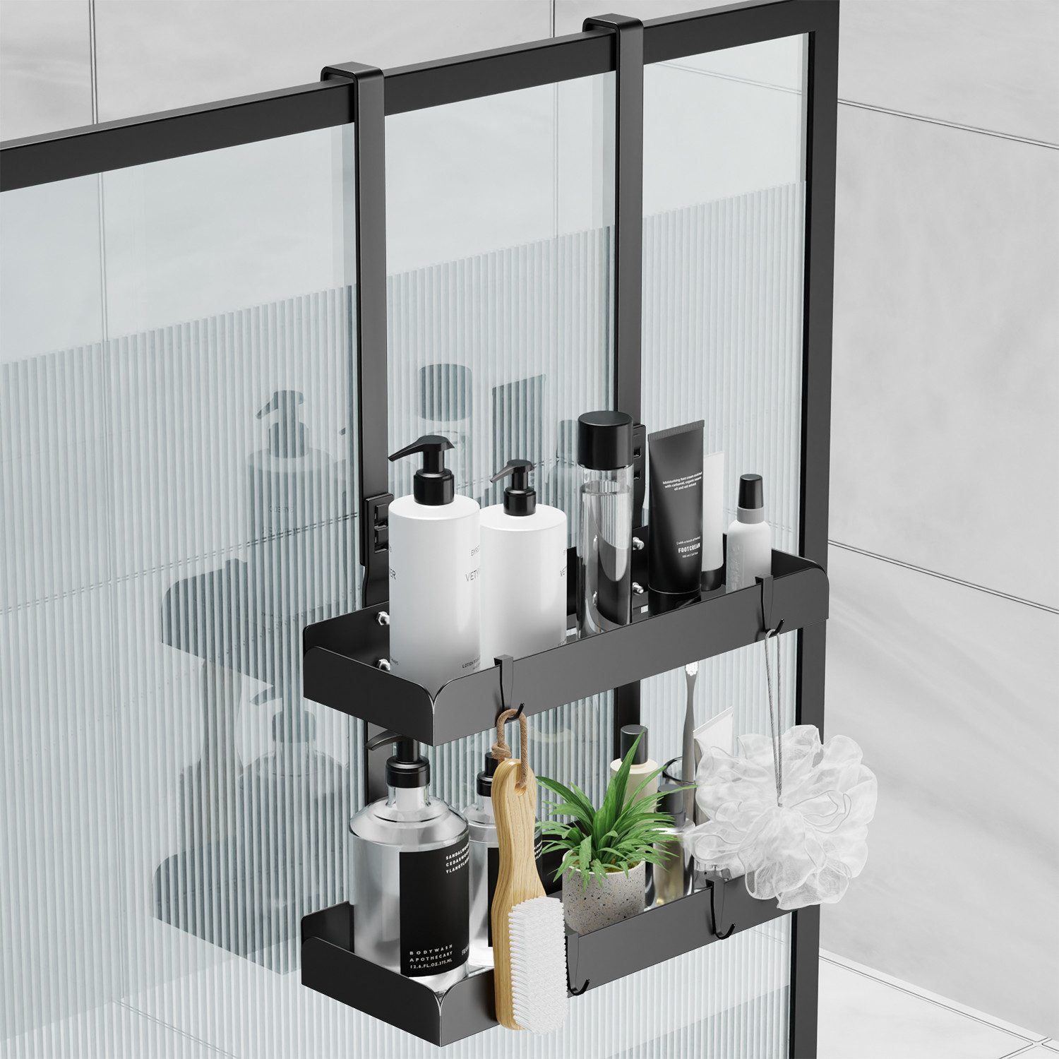 niffgaff Duschablage ohne Bohren zum Hängen aus Edelstahl, 31,5 x 10,5 x 55,5 cm, 1-tlg., Praktischer Organizer mit 4 Haken für Shampoo und Duschutensilien