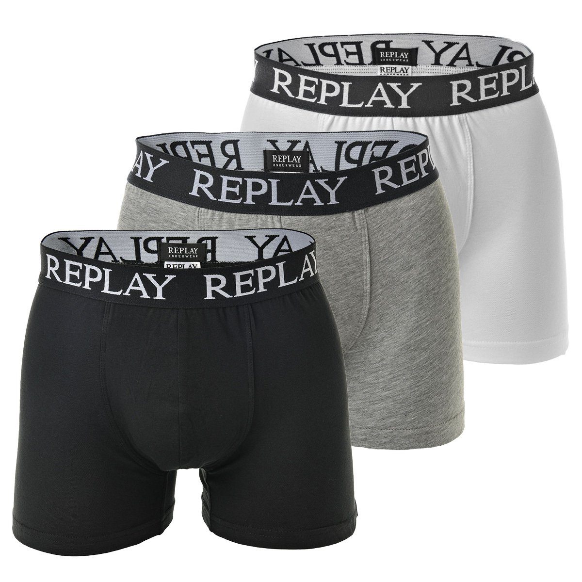 Replay Boxer Herren Boxershorts, 3er Pack - Unterhosen Schwarz/Grau/Weiß