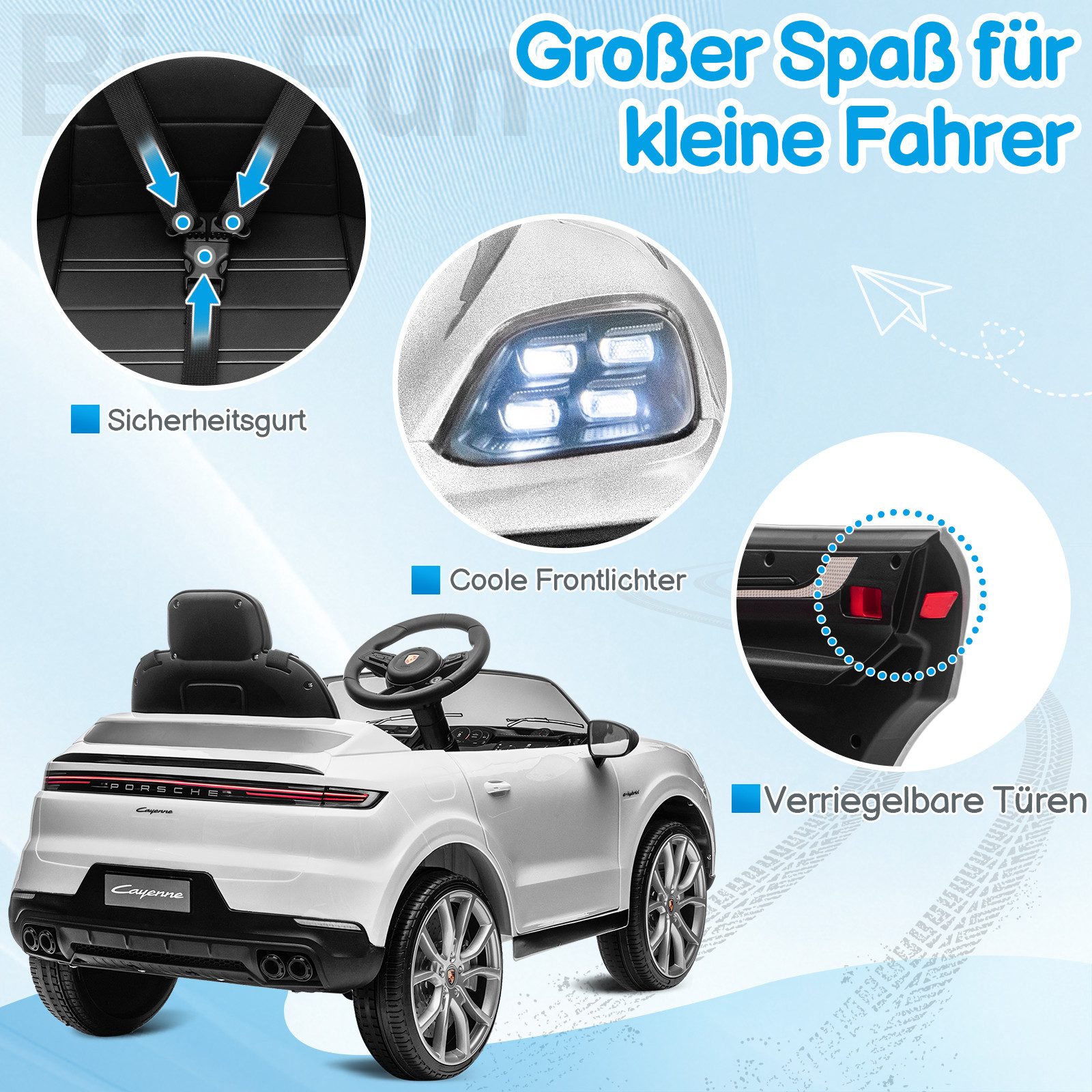 LALAHO Elektro-Kinderauto Kinder Elektroauto Porsche Cayenne Geländewagen Fernsteuerung, 2,4G-Fernbedienung, mit MP3, Musik, Hupe, LED-Leuchten