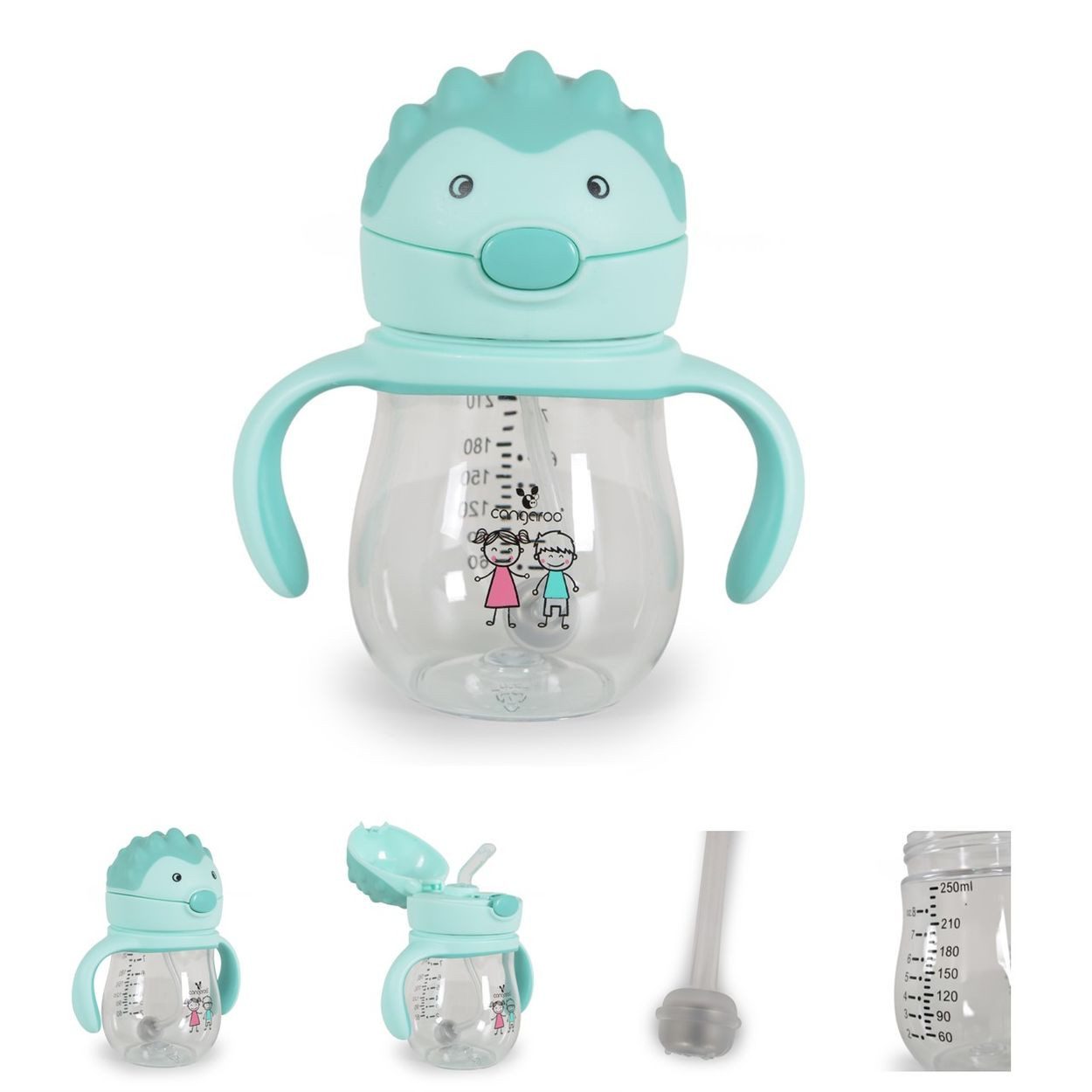 Cangaroo Trinkflasche Brillo 250 ml, Silikon, Anti-Kolik, auslaufsicher, Deckel, Schutzdeckel, trinkhalm