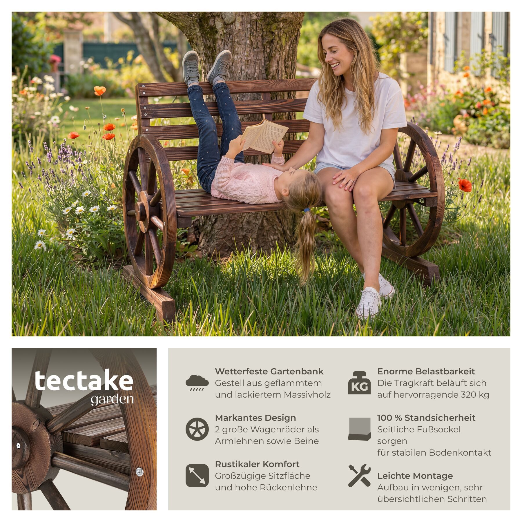 tectake Gartenbank Wetterfeste 2-Sitzer Bank im rustikalen Wagenraddesign (Sitzbank Howdy, in braun), belastbares Gestell aus geflammtem Massivholz – Bild 2 von 5