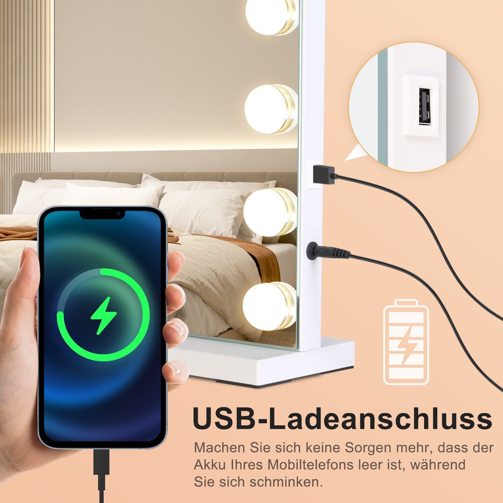 ZMH Schminkspiegel mit Beleuchtung 80 × 60 cm, Hollywood Spiegel mit 18 LEDs (1-St), 3 Lichtfarben, dimmbar, Bluetooth, USB und 5-facher Lupe – Bild 5 von 5