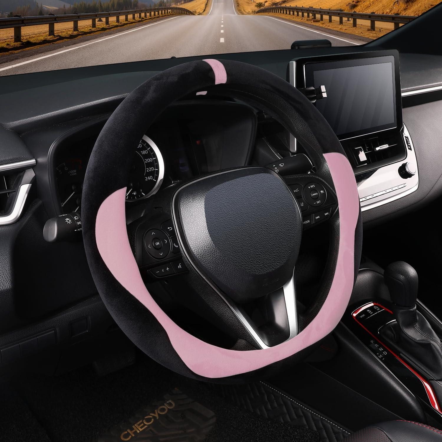LuxusKollektion Lenkradbezug Lenkradbezug Plüsch Winter Lenkradschutz Schwarz und Rosa M (37-38cm)