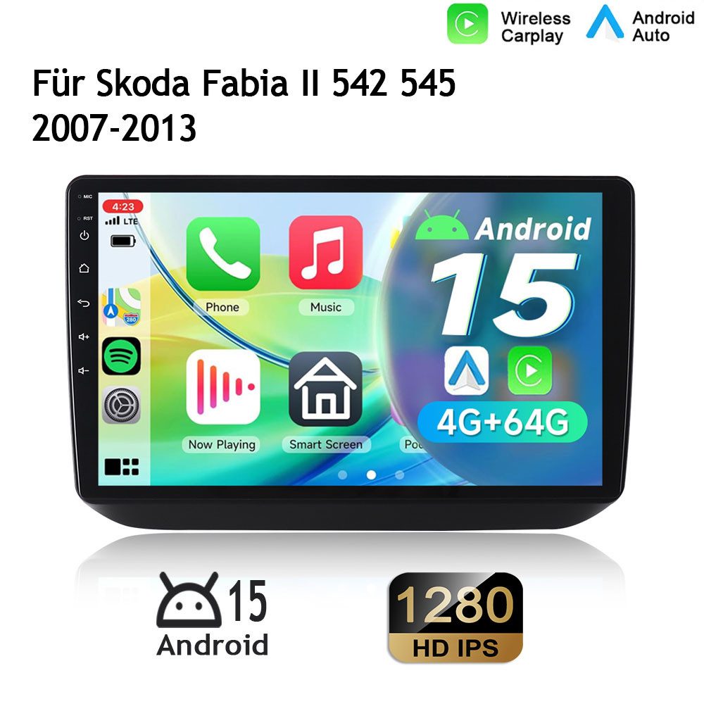 A-Sure 10.1 Zoll Für Skoda Fabia 2 II 2007-2013 Carplay 8-Core Android 15 GPS Autoradio (Digitalradio (DAB), FM, AM, 1280*800 IPS Screen CPU, RDS, DSP, GPS, SWC, UI Theme, Siri, Mirrorlink, Google play, Netflix, Youtube, Calendar, TikTok)