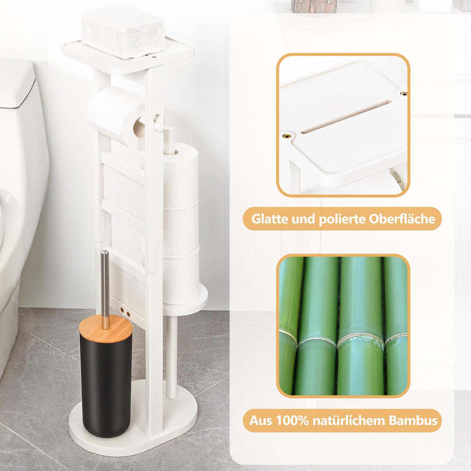 Yorbay WC-Garnitur Toilettenpapierhalter stehend aus Bambus, (WC-Bürstenhalter/Ablage, /Toilettenbürste/Klorollenhalter), Stand WC Garnitur mit Klobürste für WC, Toilette, Badezimmer